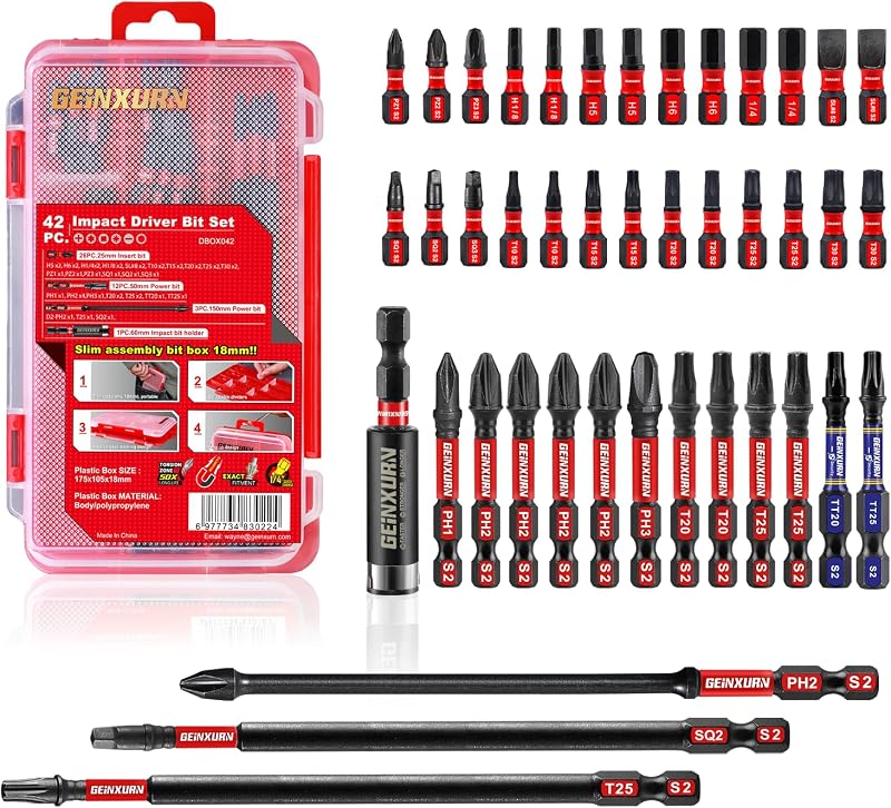 Geinxurn 42pieces Screwdriver Bits Set, Impact Magnetic S2 Steel Multi Insert Power Bits Tips with Impact Bit Holder with Storage Box（PH/TORX/SQ/PZ/HEX/SL）
