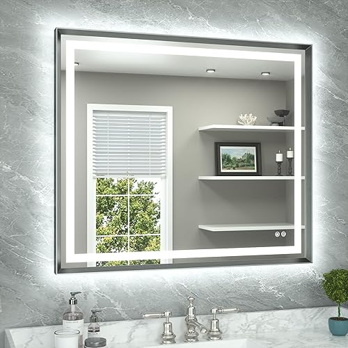 Miniatura 44 de TETOTE Espejo LED de baño de 24 x 32 pulgadas, marco de metal dorado cepillado frontal y retroiluminado, espejo de tocador antiniebla, regulable Oro