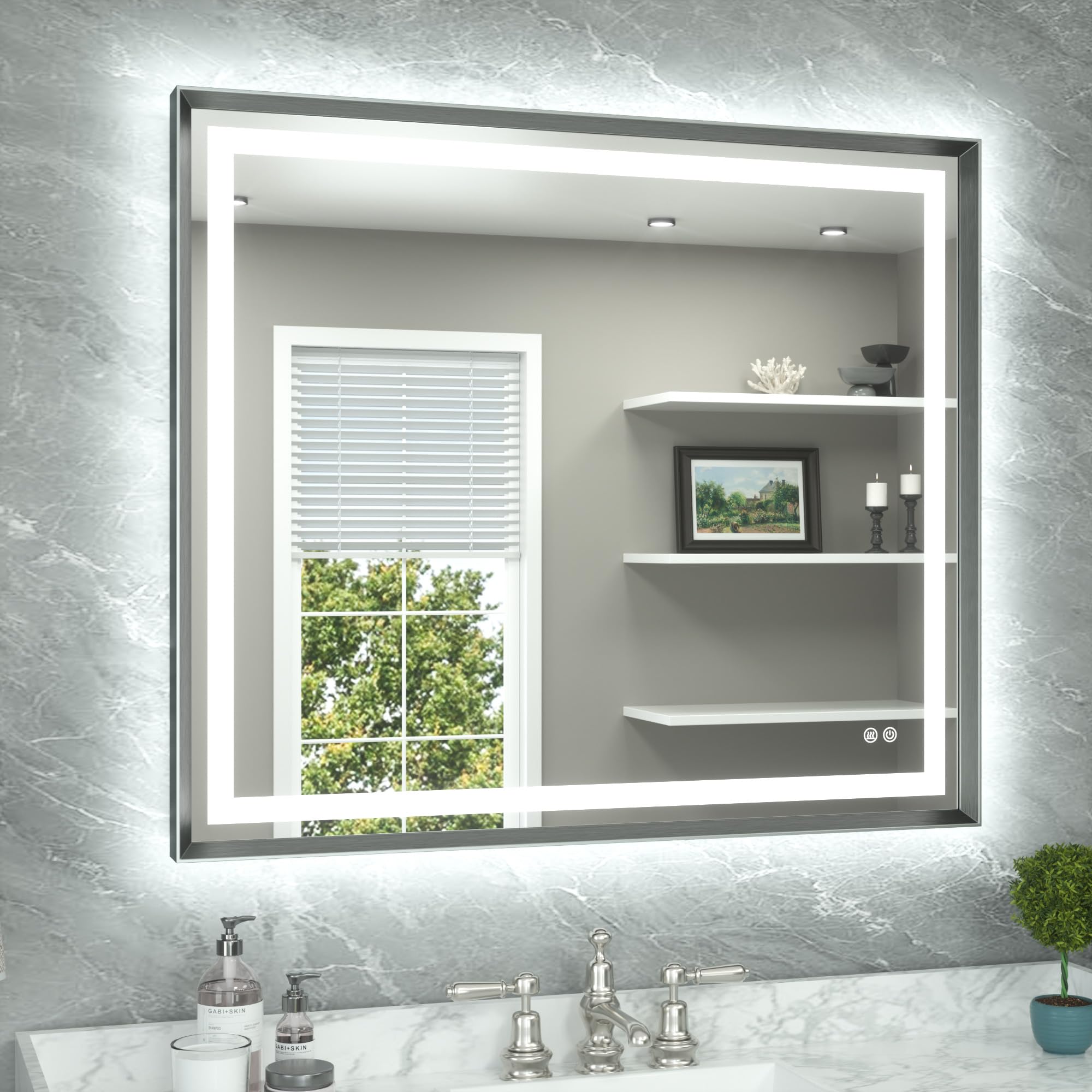 TETOTE 42 x 36 Bathroom LED Mirror Brushed Gunmetal Gray/Off‑Black Metal Frame Frontlit &amp; Backlit Vanity Mirror Anti-Fog Stepless Dimmable 3 Colors White/Warm/Natural Mirror with Lights Wall-Mounted