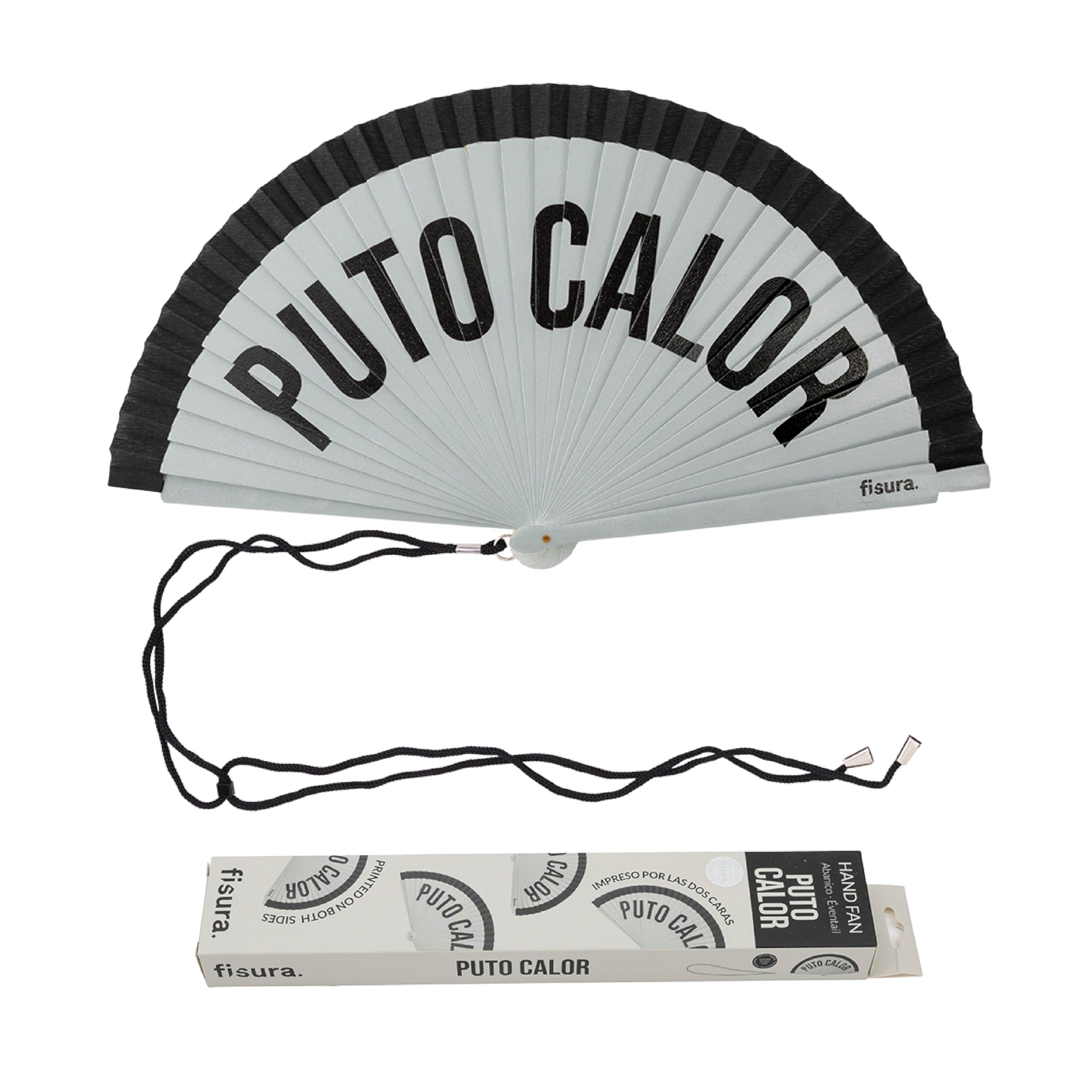 Fisura – Original Folding Handheld Fan with the Message “P*to calor”. Reversible Wooden Folding Fan, Modern and Colourful. Grey & Black Design, Hanger Included. Dimensions: 42.5 x 23 cm