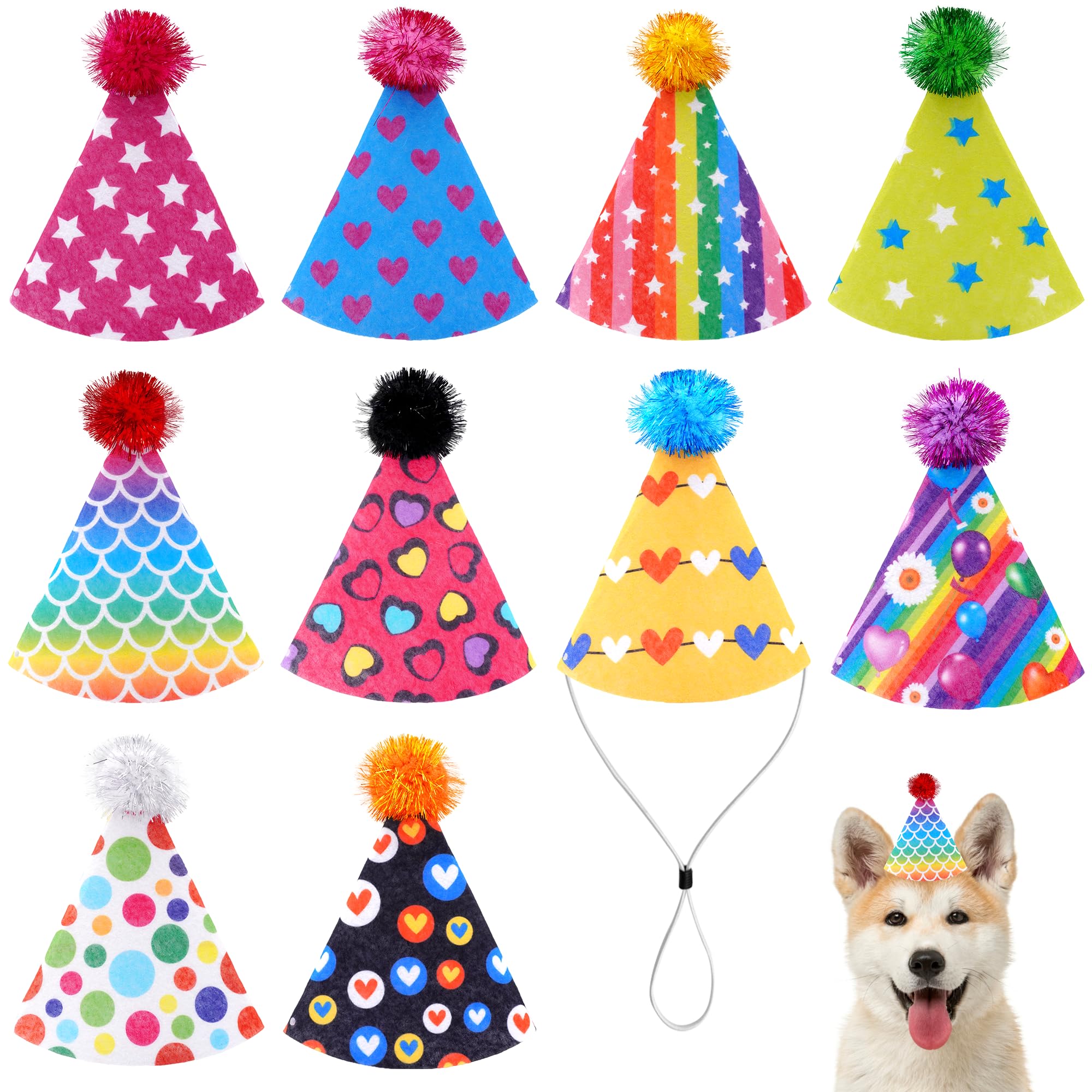 JpGdn10PCS/Pack Birthday Party Hats for Adults Kids Stuffed Animals Dogs Dolls Felt Adjustable Cone Hats Headwear Rainbows Purple Birthday Holiday Celebration Decorations