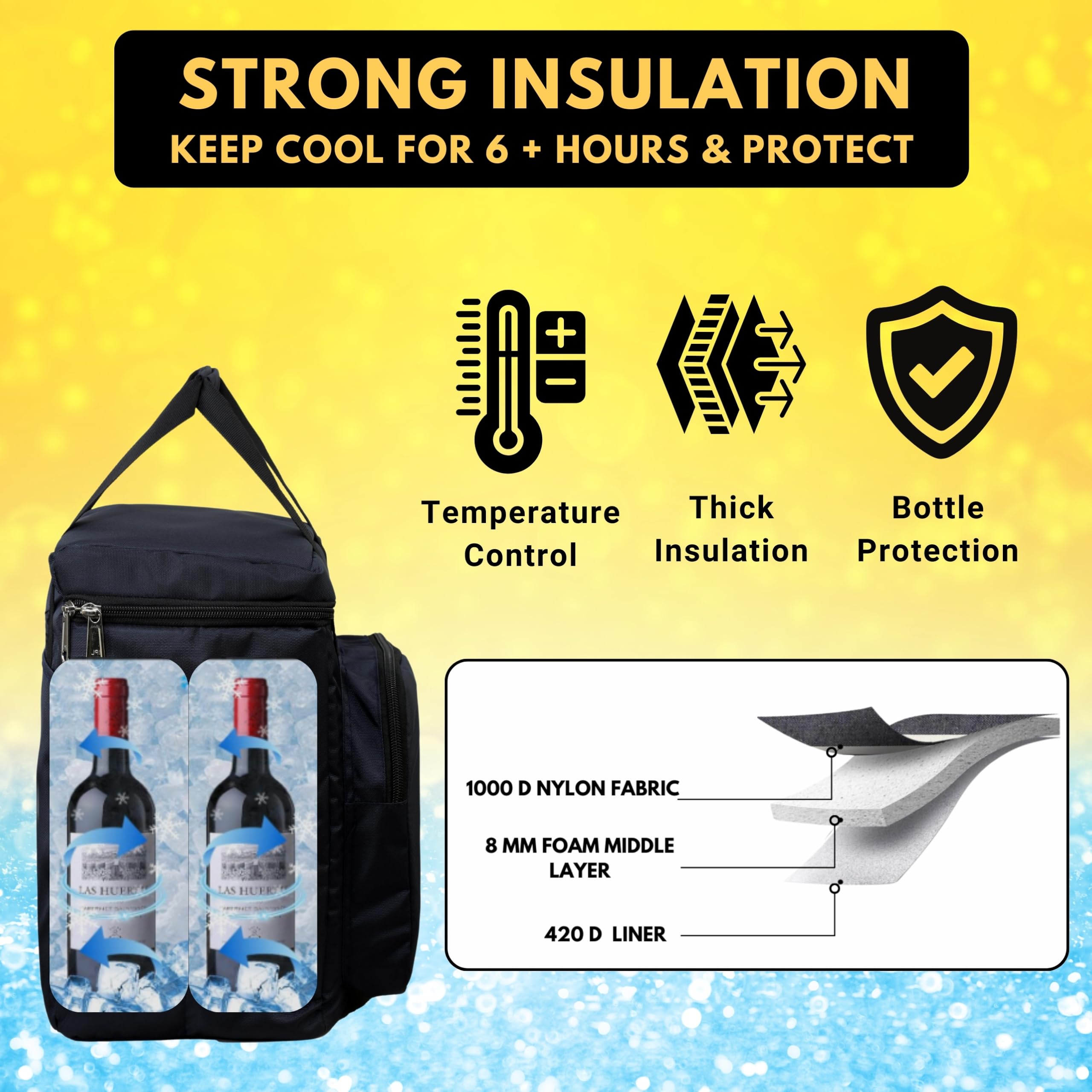 Bolsa térmica aislada para 6 botellas con paquetes de gel de hielo, portador de vino y cerveza, se adapta a 6 botellas de tamaño completo