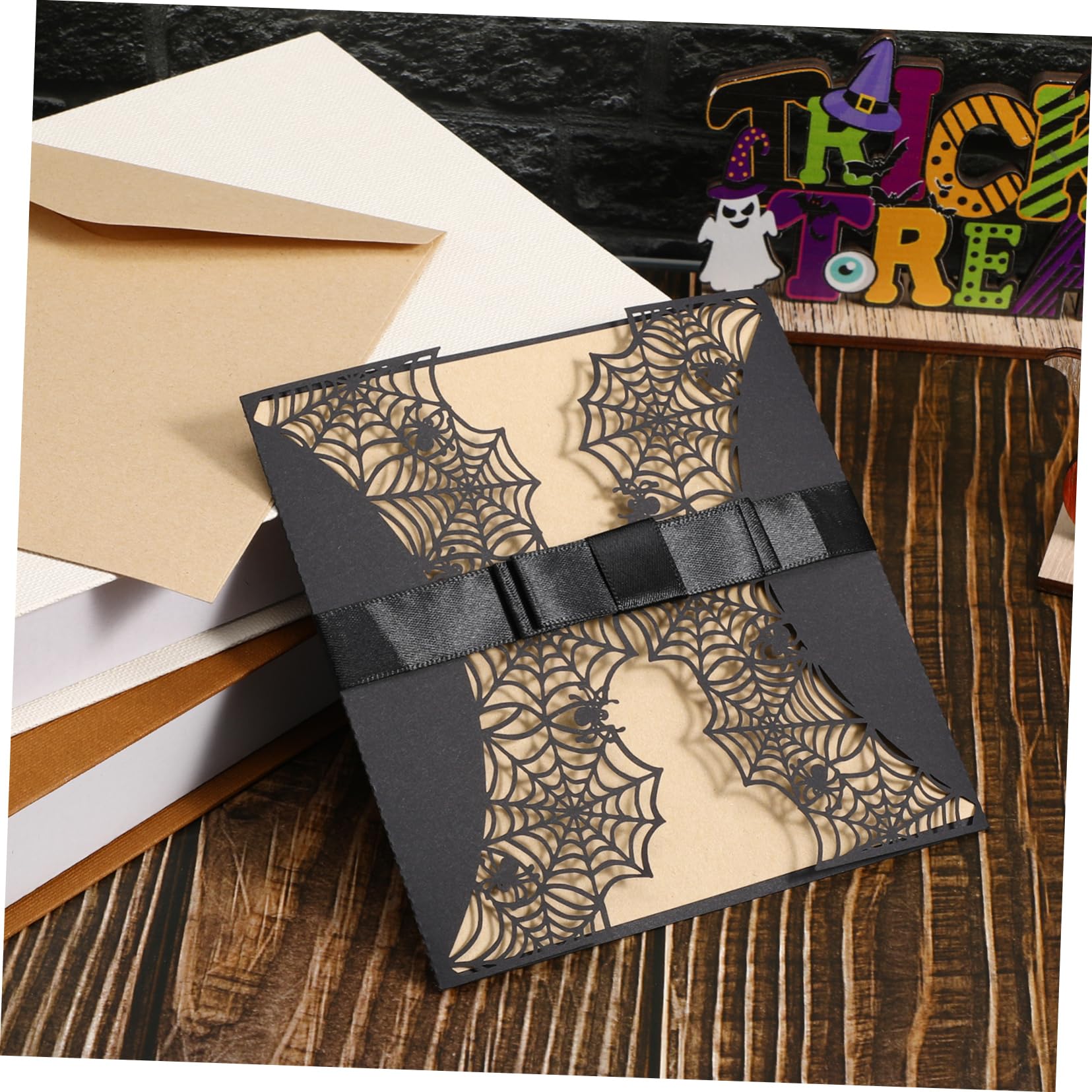 5er-set Einladungskarten Mit Muster Und Schleife Schwarze Papierumschläge Für Halloween-treffen 10 Stück * 5