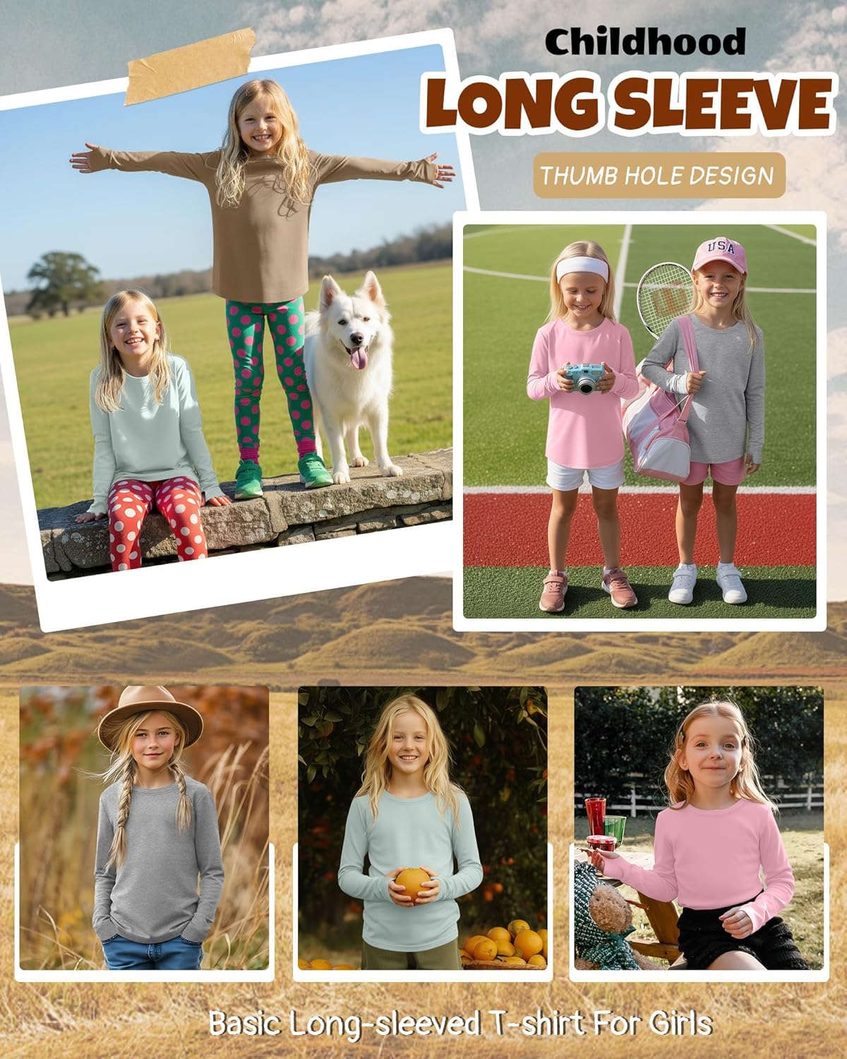 4 Pack Girls' Cotton Shirts with Thumb Holes Long Sleeve Basic Crew Neck Tops Casual Lightweight Tees 5-14Y - Image 4