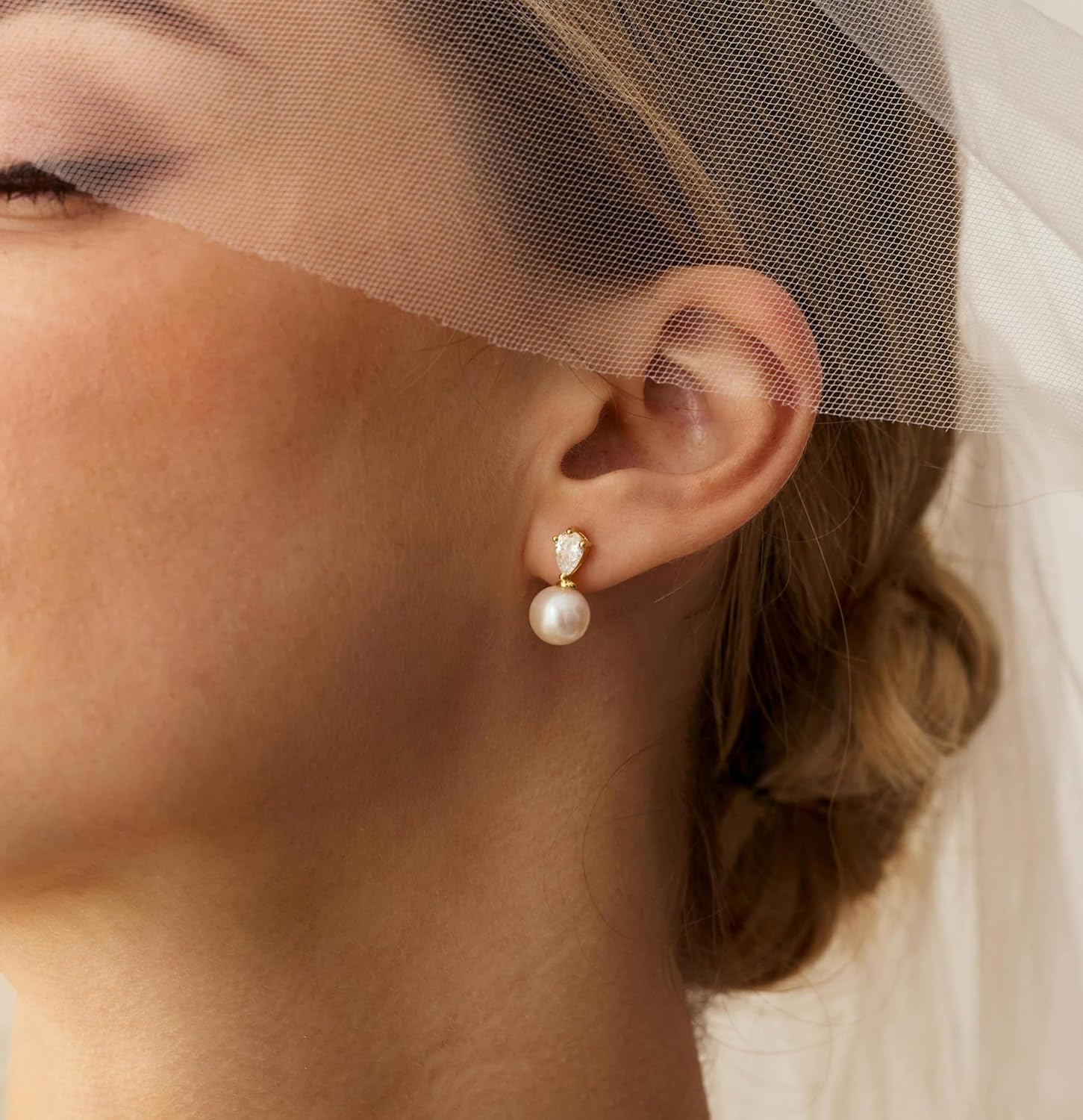 Pearl Earrings for Women Trendy,Gold Pearl Drop Earring Dainty 14K Gold Plated CZ Drop Stud Earrings for Women Unique Hypoallergenic Bridal Flower Dangle Earring Bridesmaid Wedding Jewelry - Image 4