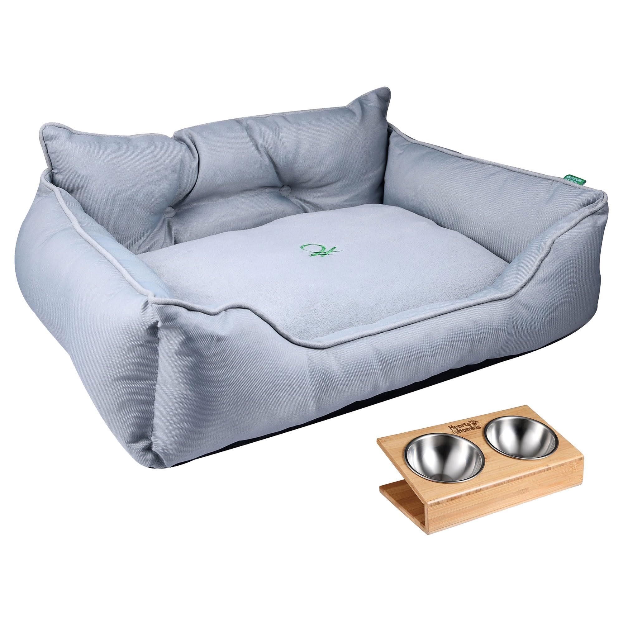 Haustierbett | Farbe Grau | Maße 90 x 70 x 28 cm | ergonomisches Bett für mittelgroße Hunde | maschinenwaschbarer Bezug | und Futternapf aus Edelstahl und Halterung aus Bambus
