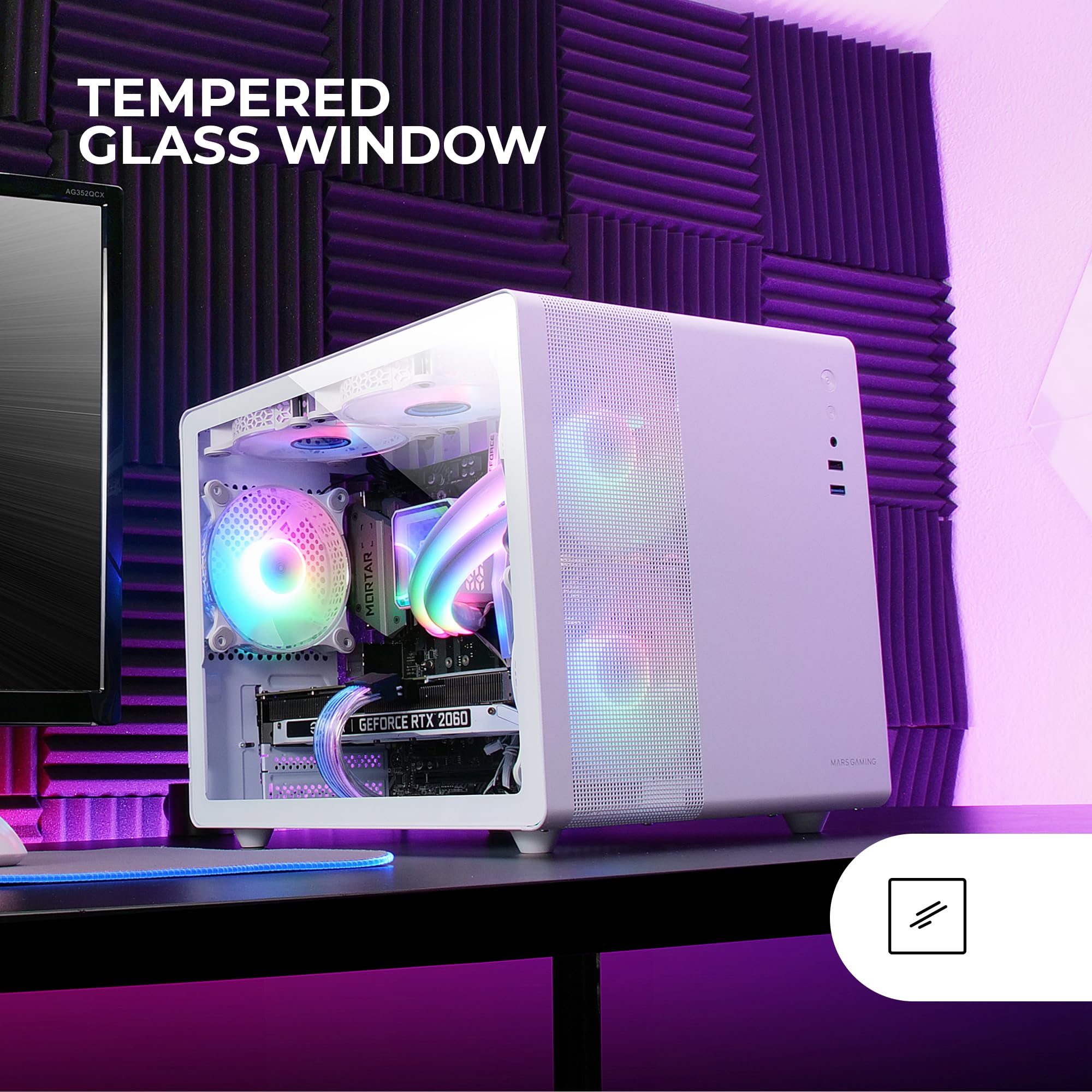 Mars Gaming MC-400, Case Gaming Compatto Micro-ATX, Finestra Laterale Totale Vetro Temperato, 3x Ventole FRGB 120mm, Pannello Laterale Completo Mesh, Bianco