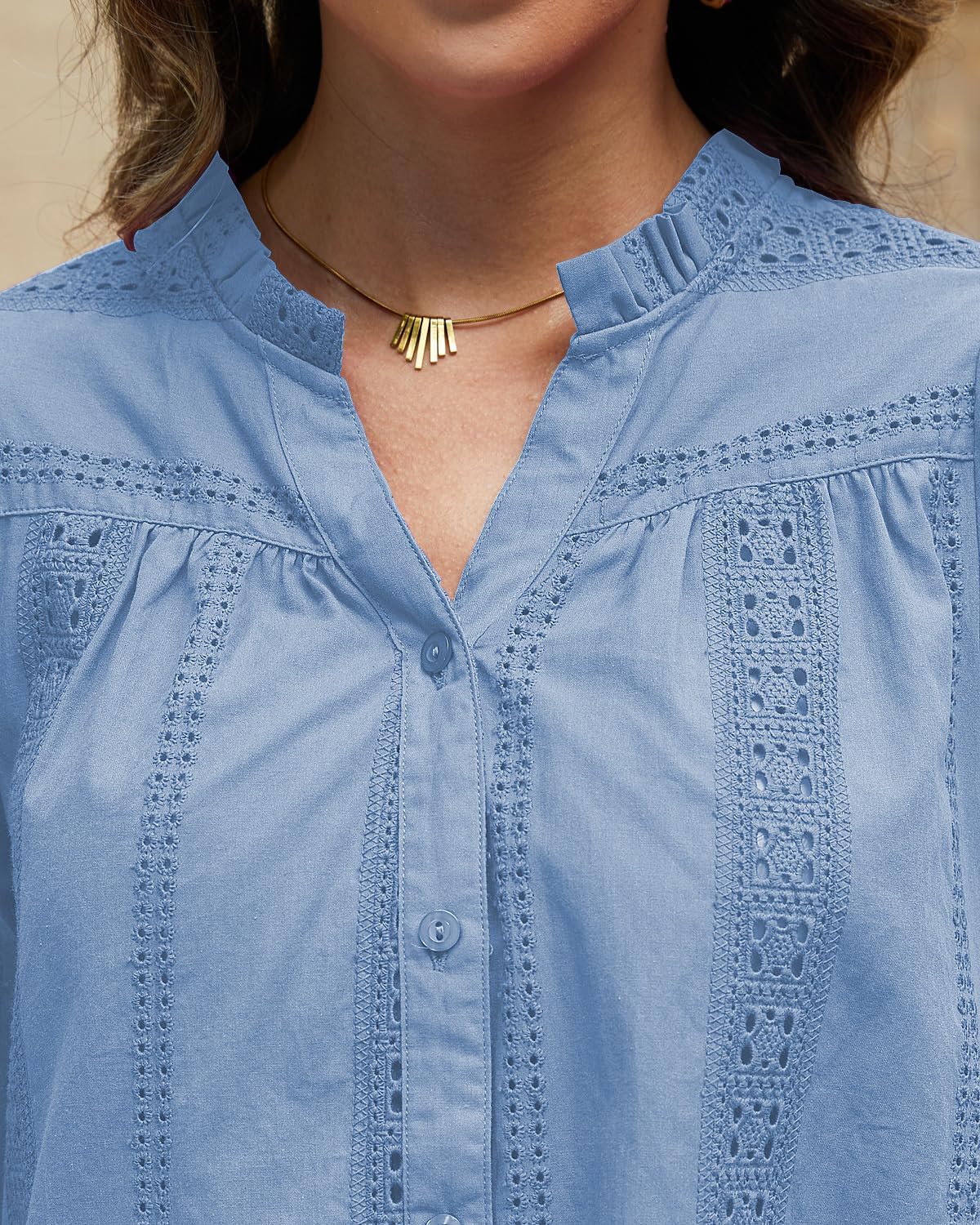 OWNGIGI Women Blouses Button-Down Shirt with Crochet Trim Long Sleeve Bohemian Blouse Dressy Casual Work Tops for Women - Image 4