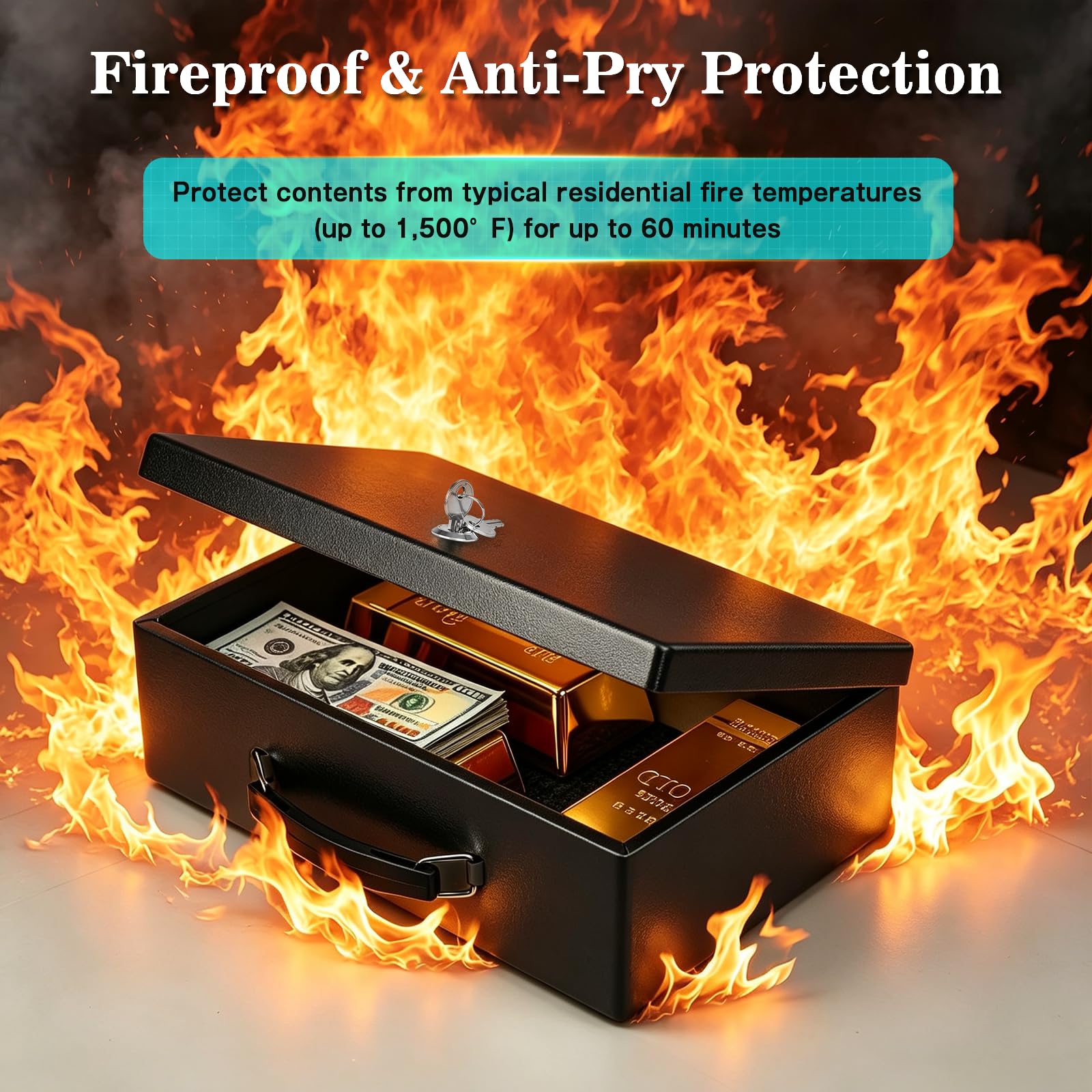 xydled Cassaforte antincendio resistente al fuoco con serratura a chiave, per casa, ufficio, sicurezza per oggetti di valore, 30 x 20 x 10 cm, nero