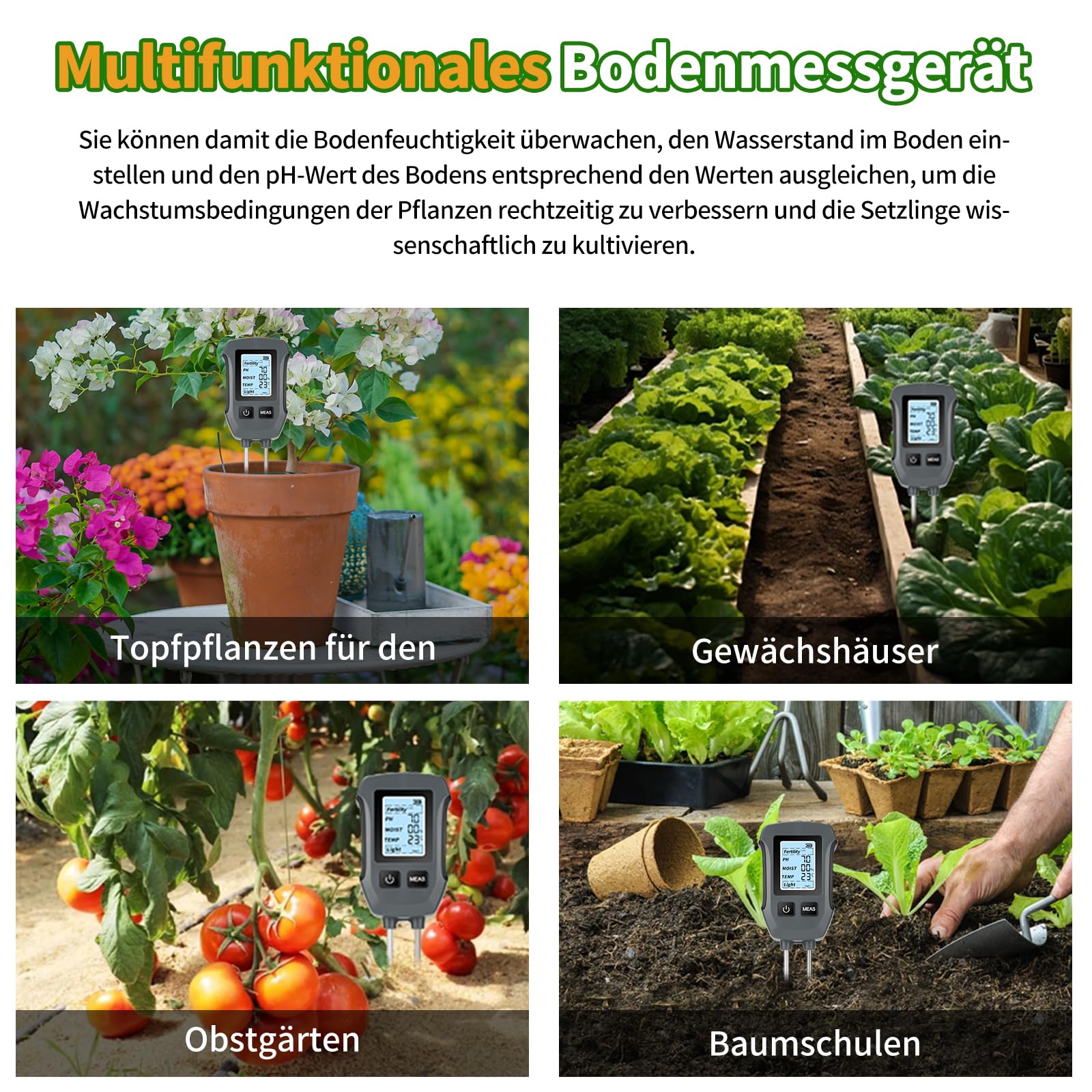 Heemol Misuratore di PH 5 in 1, Tester Multifunzione per fertilità, PH, umidità, Temperatura, Luce, misuratore di Terreno ad Alta precisione per Giardini, Piante e Piante d'appartamento