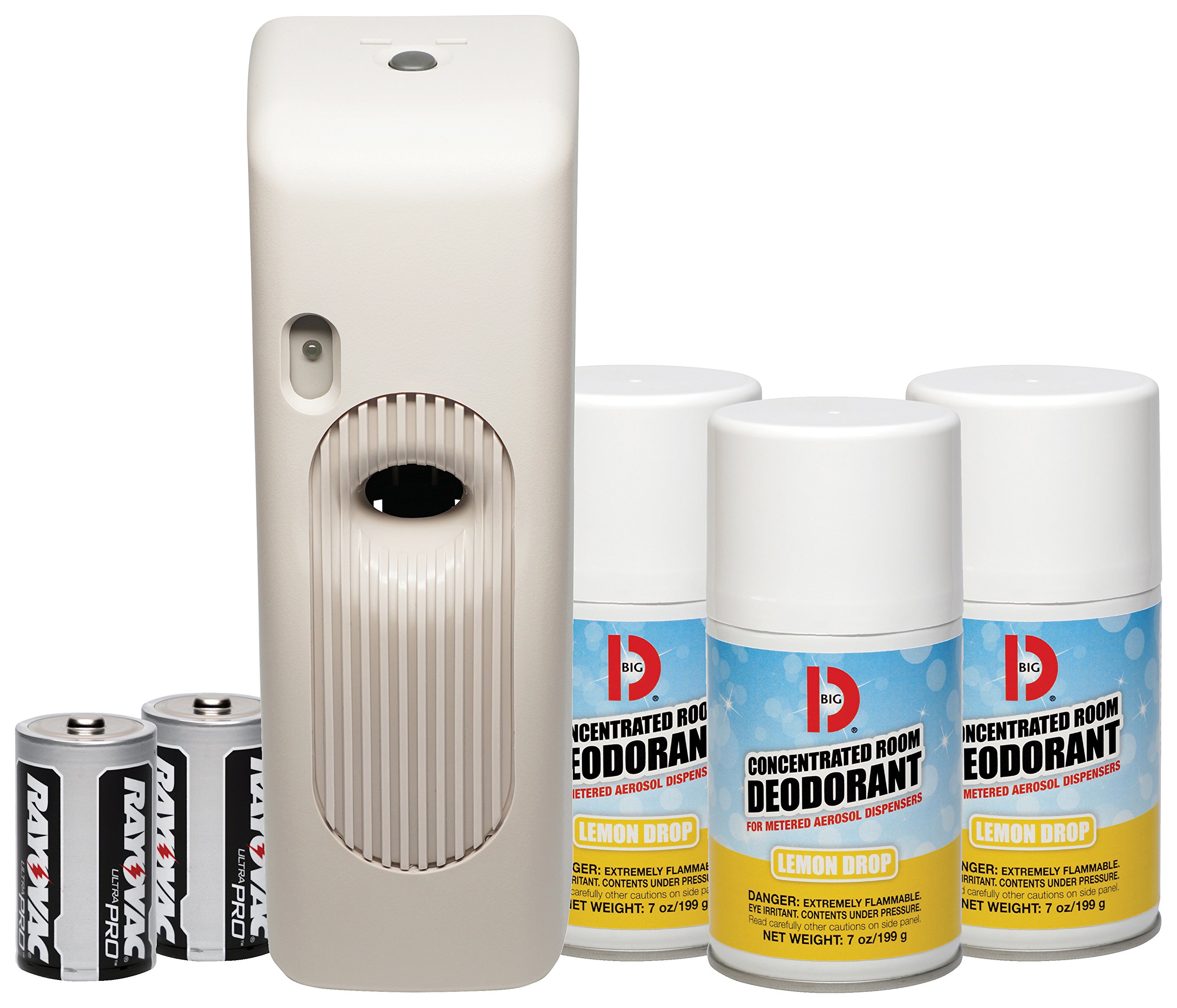 Big D 851 Metered Aerosol Starter Kit, Lemon Drop Fragrance (Contains Dispenser, 2 Batteries, 3 Aerosol Cans) - Air freshener Ideal for restrooms,