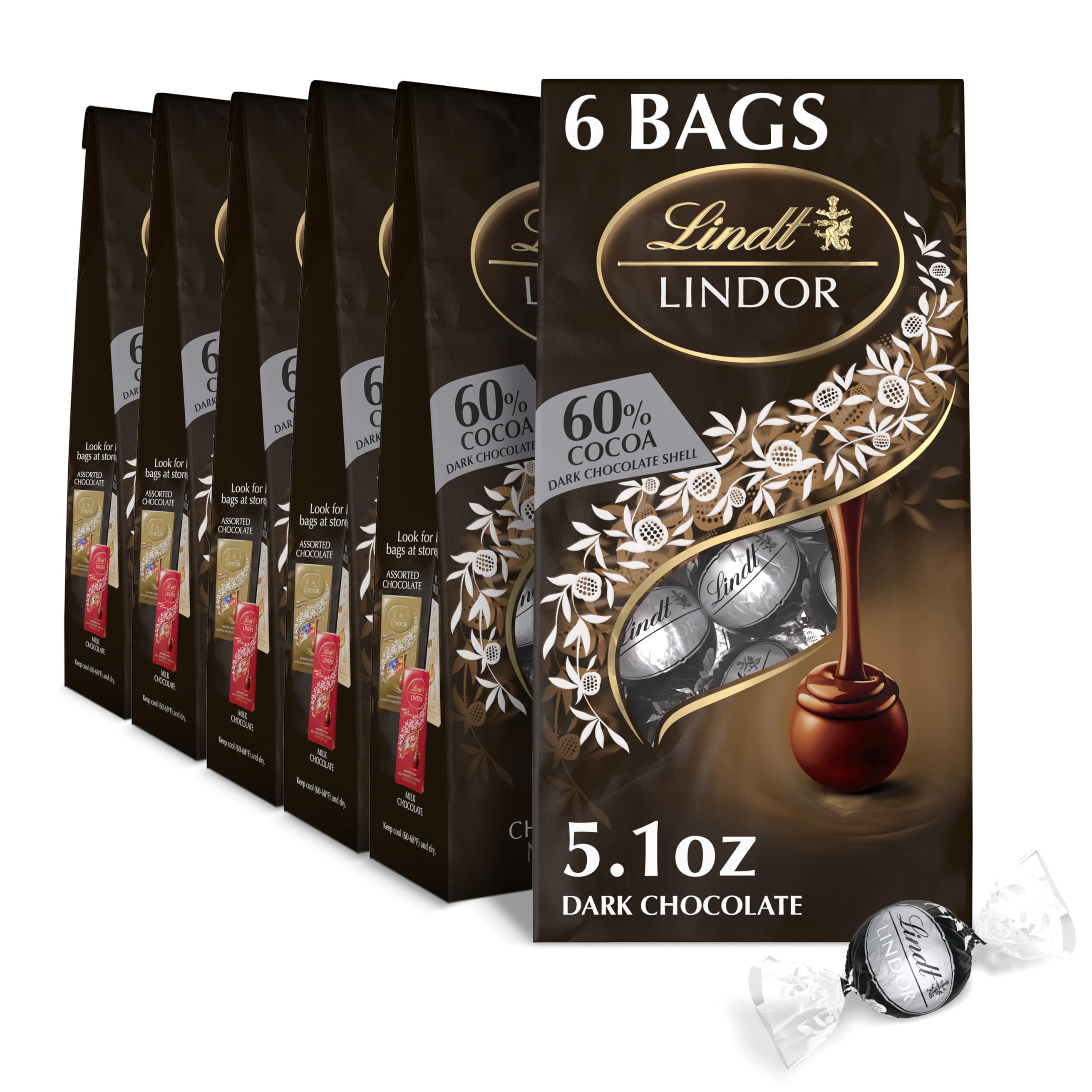 Lindt LINDOR 60% Extra Dark Chocolate Truffles, Dark Chocolate Candy with Smooth, Melting Truffle Center, Great for Gift Giving, 5.1 oz. Bag (6 Pack)