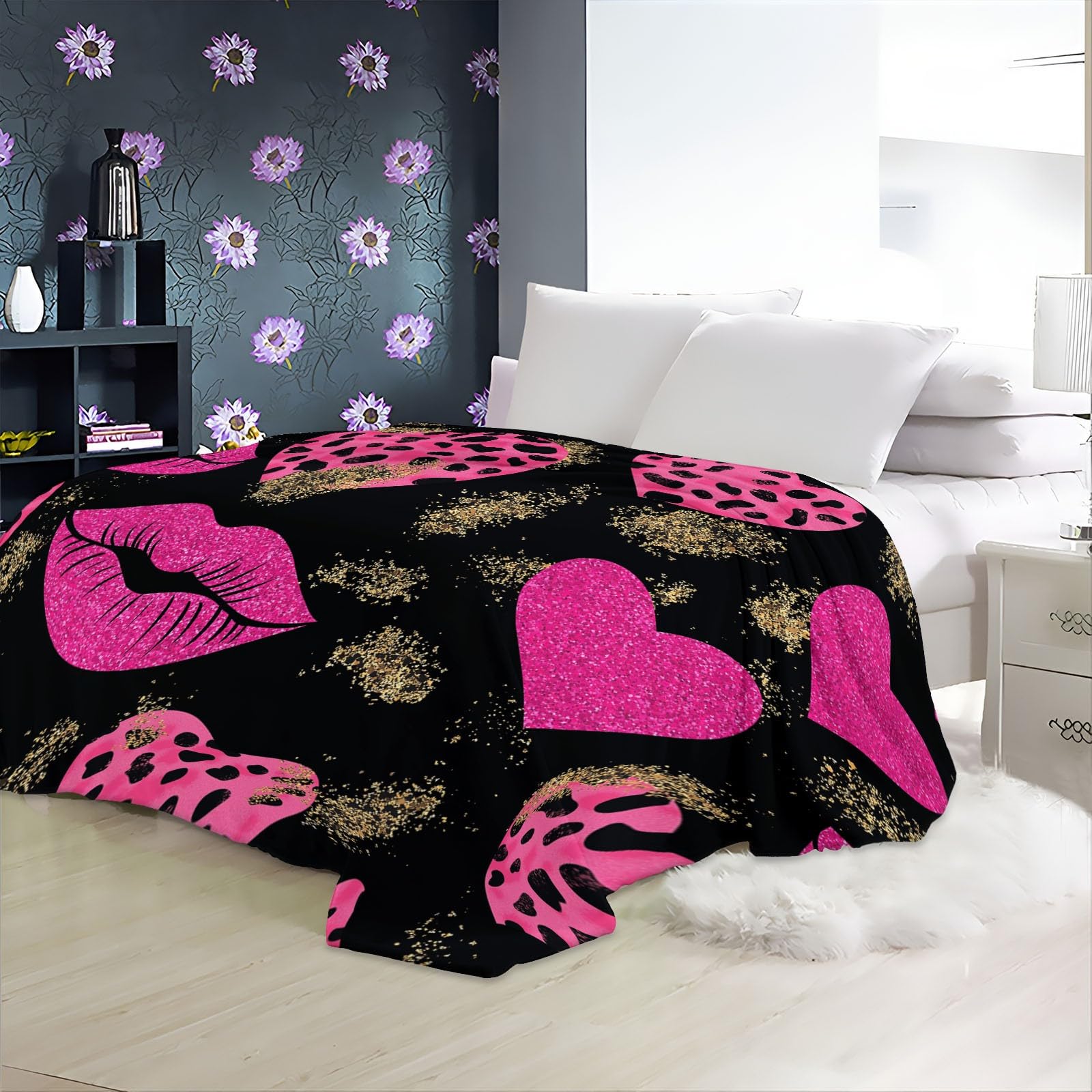 Colorato Coperta Sherpa Coperta in microfibra per divano Cuore labbra al neon Coperta in peluche stampata 200 x 220 cm Coperta autunnale ultra morbida e pelosa