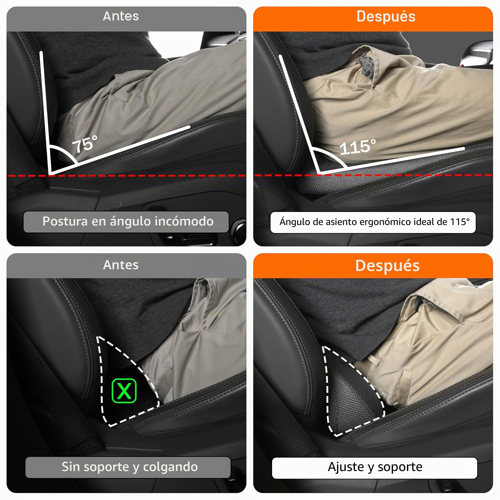 Cojin Asiento Coche&Soporte Lumbar, Alivia Dolor Espalda, Soporte Cintura, Espuma Memoria, Tela Suave, Transpirable Sin Sofocamiento, Uso Coche Oficina Descanso, Mejora Postura