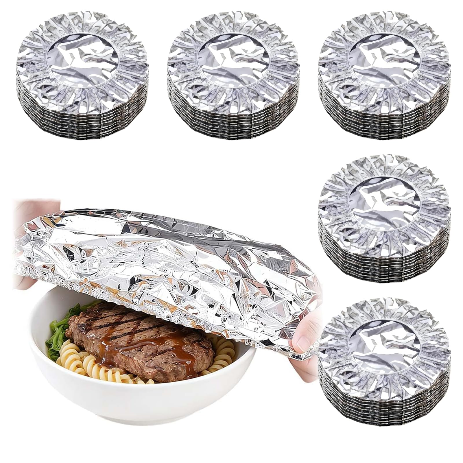 Reusable Aluminum Foil Elastic Food Covers, Thickened Heat Retaining Fresh Keeping Lids, for Bowls Plates Pots Meal Prep Leftovers Kitchen Parties Picnics Refrigerator Storage (50PCS)
