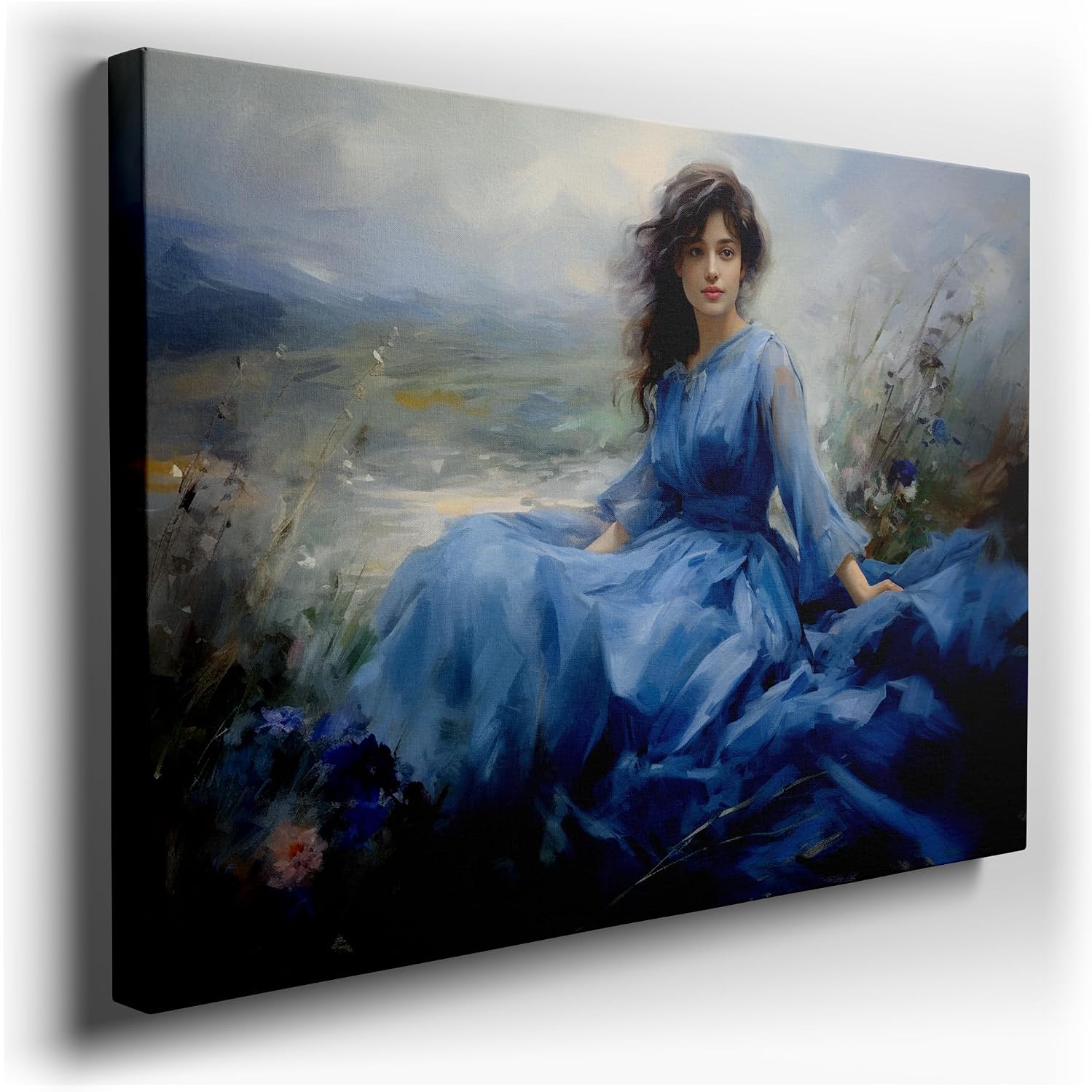 Canvas for Living room. Young Woman in Blue: A Serene Portrait Amidst Pastoral Bliss, 27 x 18 inch Canvas Wall Art - Contemporary Masterpieces - Modern Home Decor - 69x46 cm (27x18 inch)