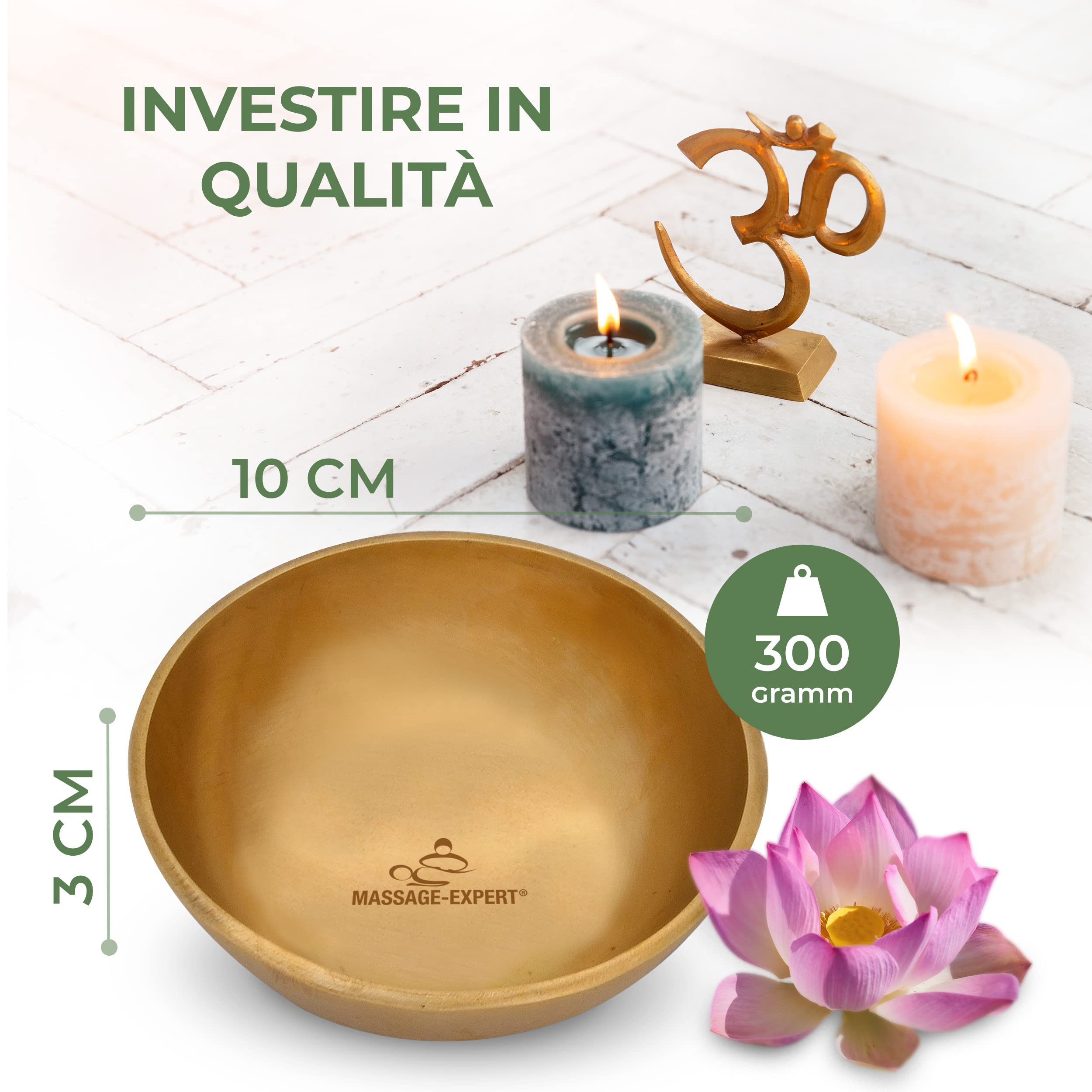 MASSAGE-EXPERT Campana Tibetana - Testa Piatta, Ø 10 cm, 300 gr - Alte vibrazioni per un efficace massaggio sonoro e musicoterapia nell’area della fronte, Qualità eccezionale