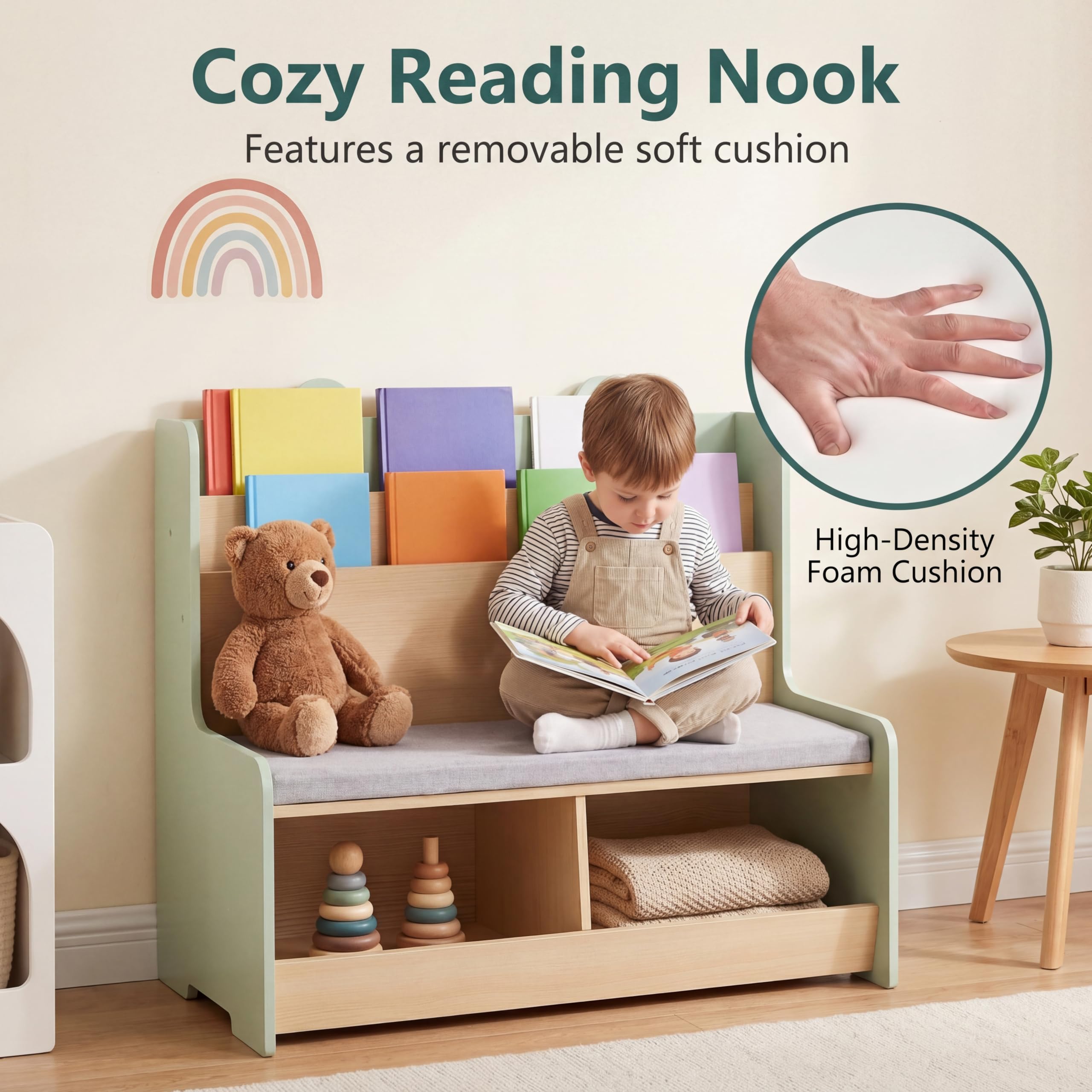 LIFEZEAL Bibliothèque Enfant avec Banc, Étagère à Livres à 2 Niveaux & 2 Compartiments Range-Jouets, Assise Rembourrée, Meuble Rangement pour Chambre d’Enfant, Crèche, pour 3+ Ans (Vert)