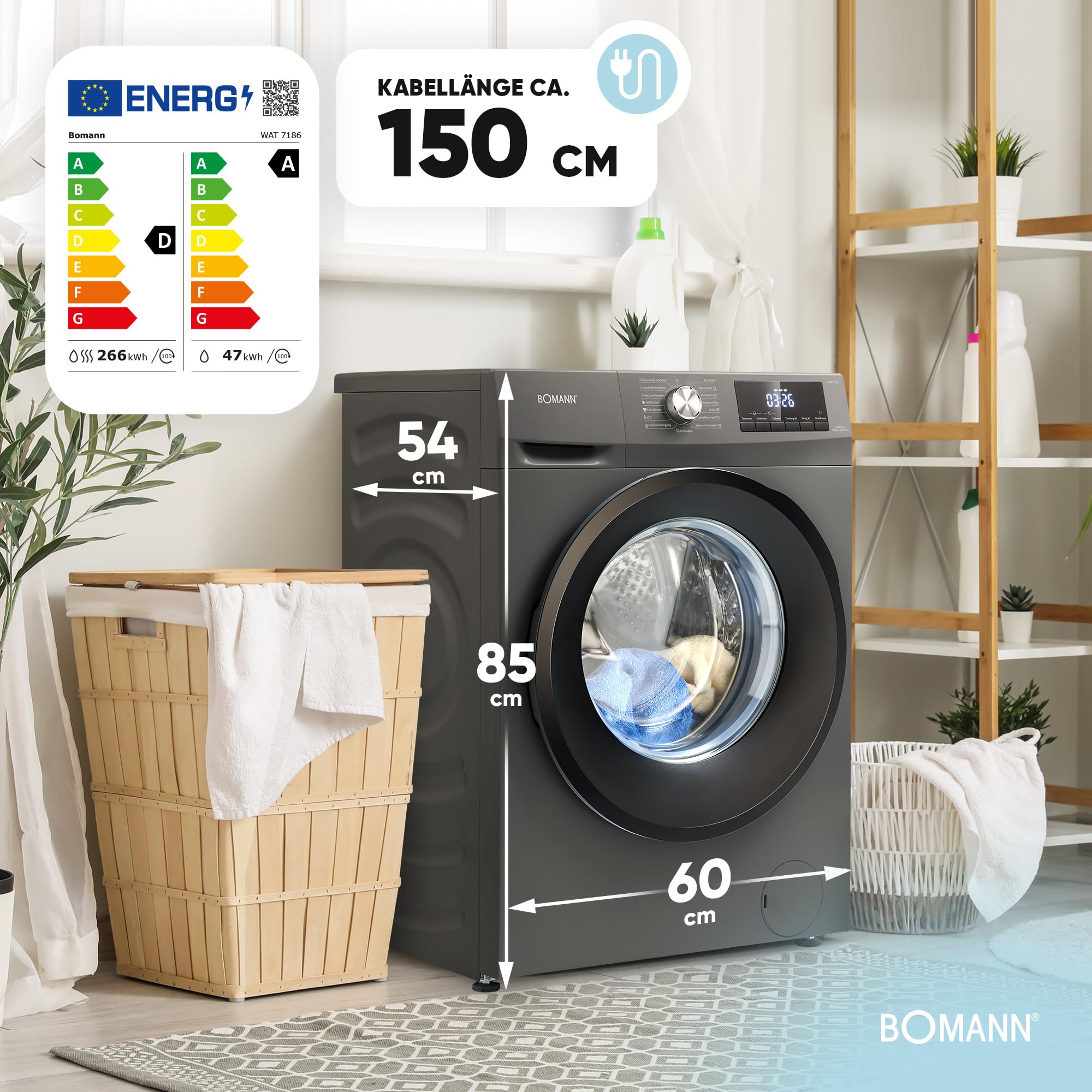 Bomann Waschtrockner WAT 7186 8 kg Waschen 5 kg Trocknen 1400 U/Min Invertermotor
