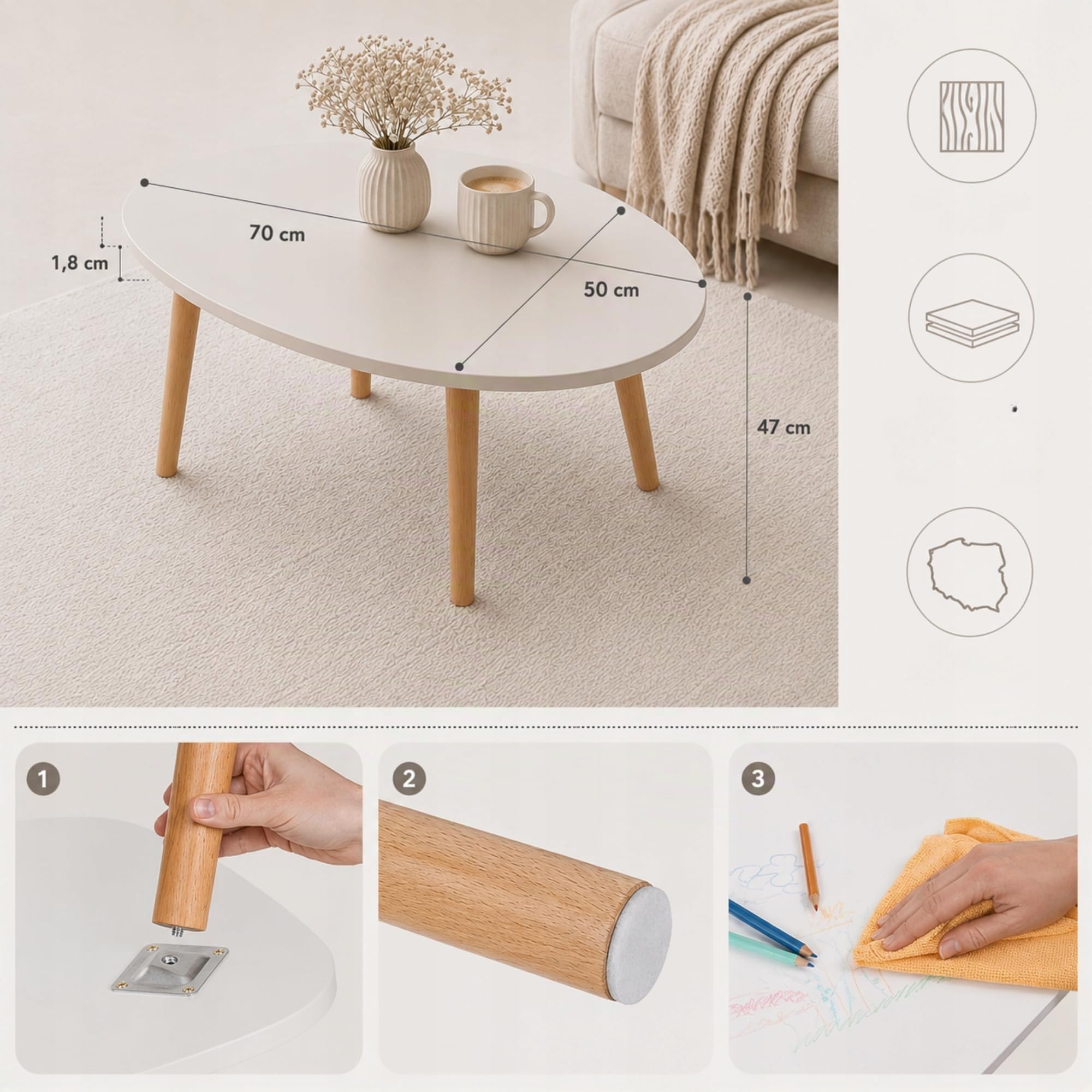 P&P Furniture - Mesa de centro ovalada de madera escandinava, 70 x 50 cm, color blanco, pequeña, mesa de salón, sofá, mesa blanca, madera, moderna