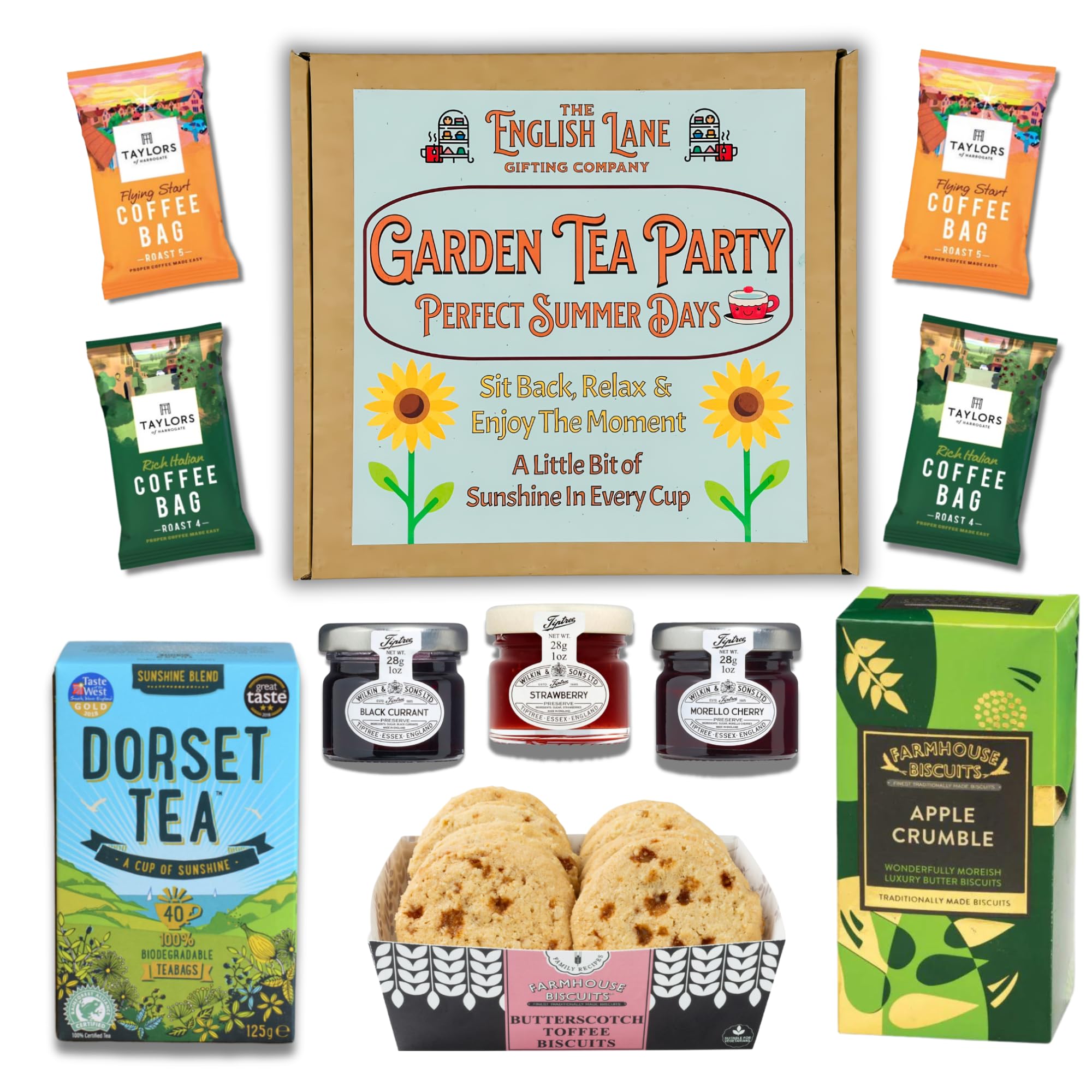 Tea Gift Hamper – Featuring Dorset Sunshine Blend Tea, Apple Crumble Biscuits, Butterscotch Toffee, Pure Honey, and Strawberry & Blackcurrant Jams – for Elegant Tea Parties and Special Occasions