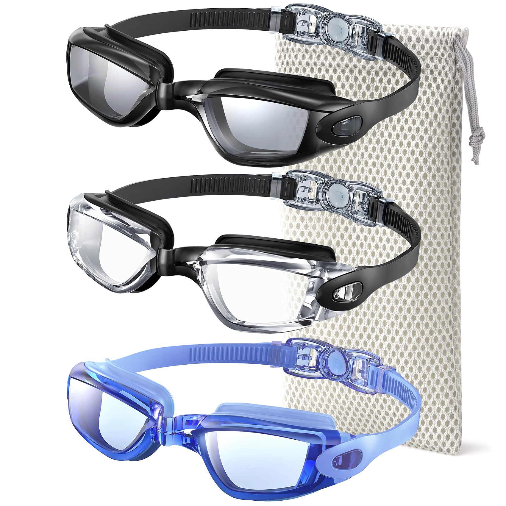 NSSIW Gafas de natación para adultos, para hombres y mujeres: antivaho, sin fugas y campo de visión ultra ancho, paquete de 3
