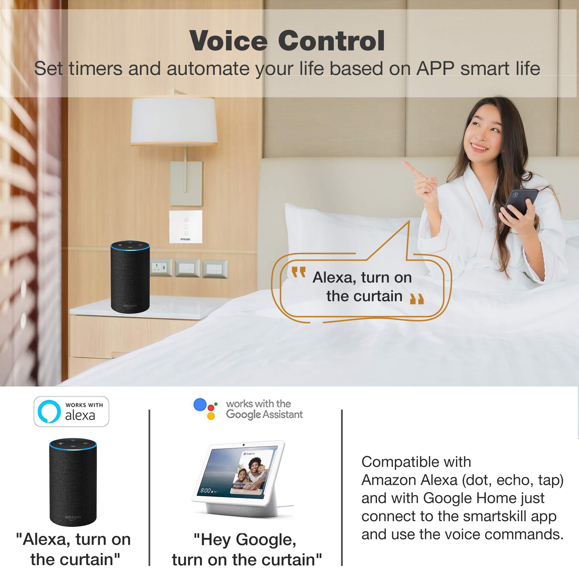 PALMAT Smart Set Commutateur de rideau avec Moteur électrique tubulaire pour volets roulants - Commande vocale, Pour volets ou stores à moteur, Compatible avec Alexa Google Home (60SW/ 45Kg, Noir)