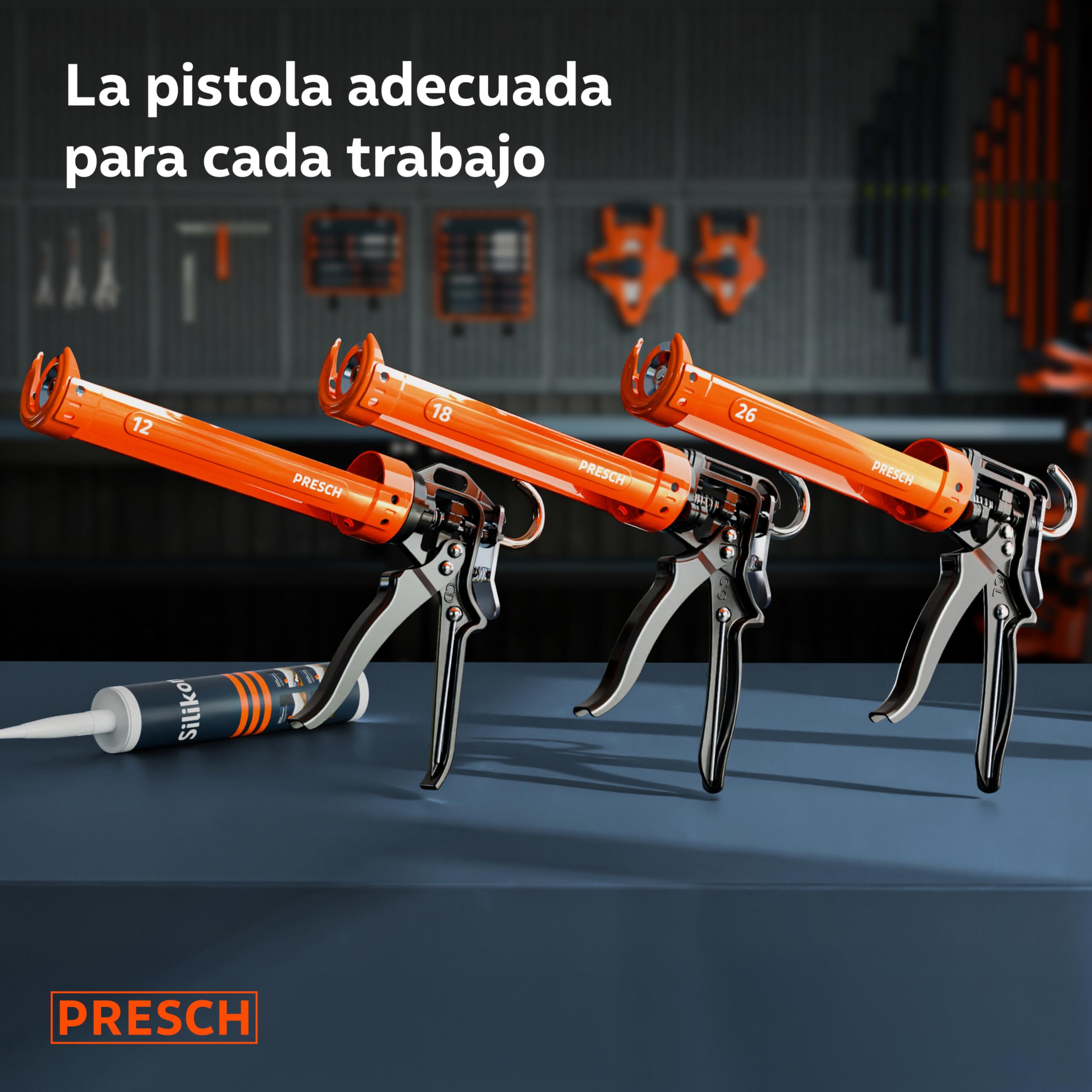 Presch Juego Pistola Silicona 26:1 & 12:1 con antigoteo – Para cartuchos hasta 310 ml (acrílico, silicona, adhesivo alta adhesión) – Cartuchera pistola giratorio 360° incl. aguja de perforación