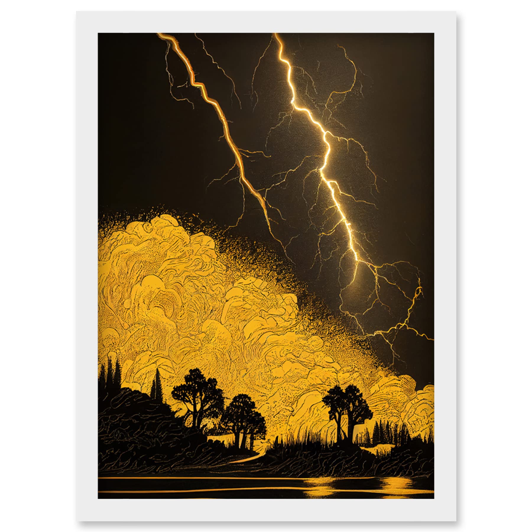 Wee Blue Coo Gold and Black Thunder Storm with Bright Lightning at Lakeside Tree Silhouette Artwork Framed Wall Art Print A4