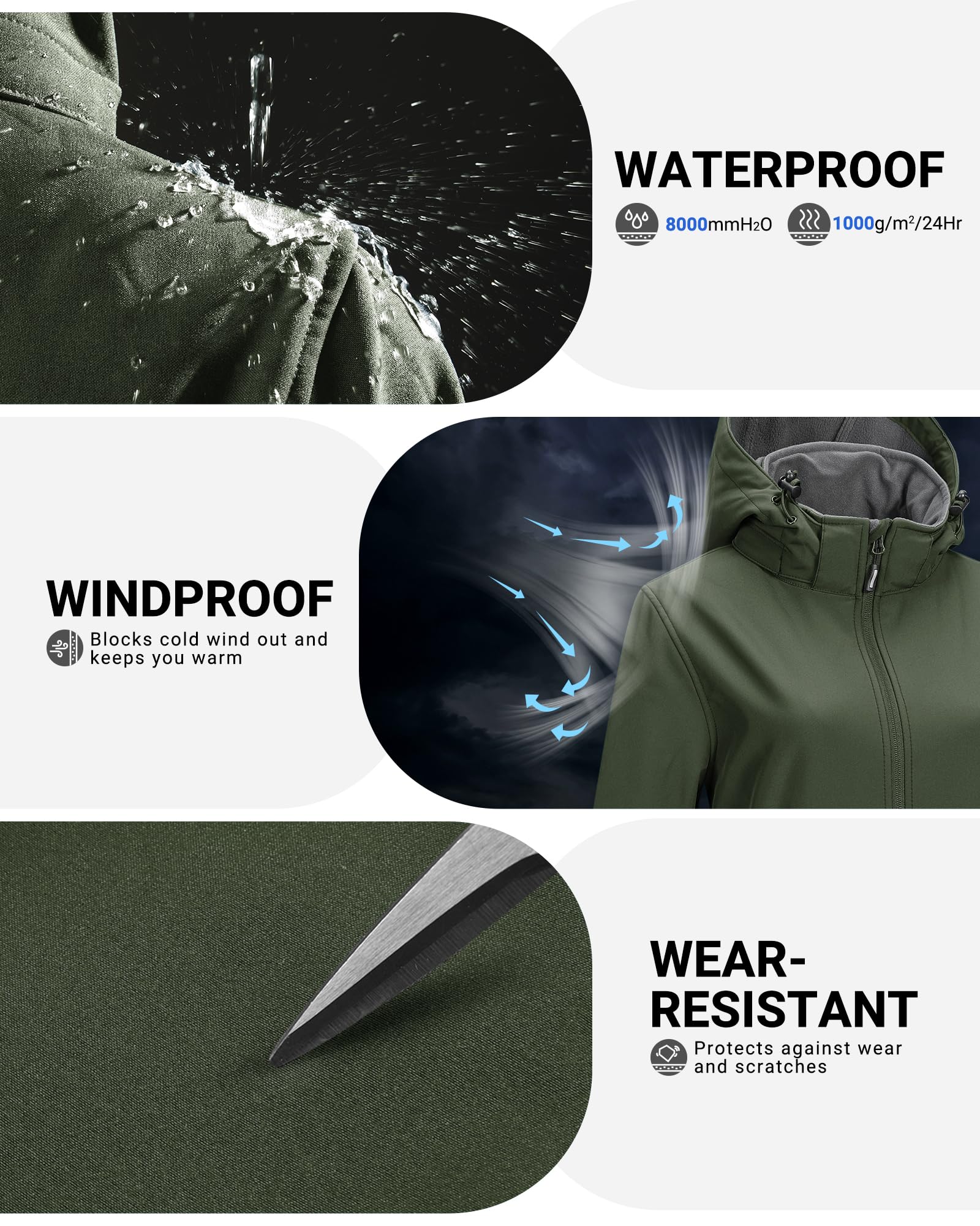 Outdoor Ventures Chaqueta larga softshell con capucha para mujer, a prueba de viento forrada de forro polar, cortavientos impermeable