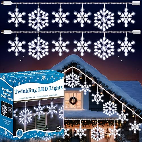 Paquete de 2 luces LED parpadeantes de copos de nieve de Navidad con 6 gotas, 8.8 pies, 14 de 100 luces de copo de nieve de Navidad parpadeantes al