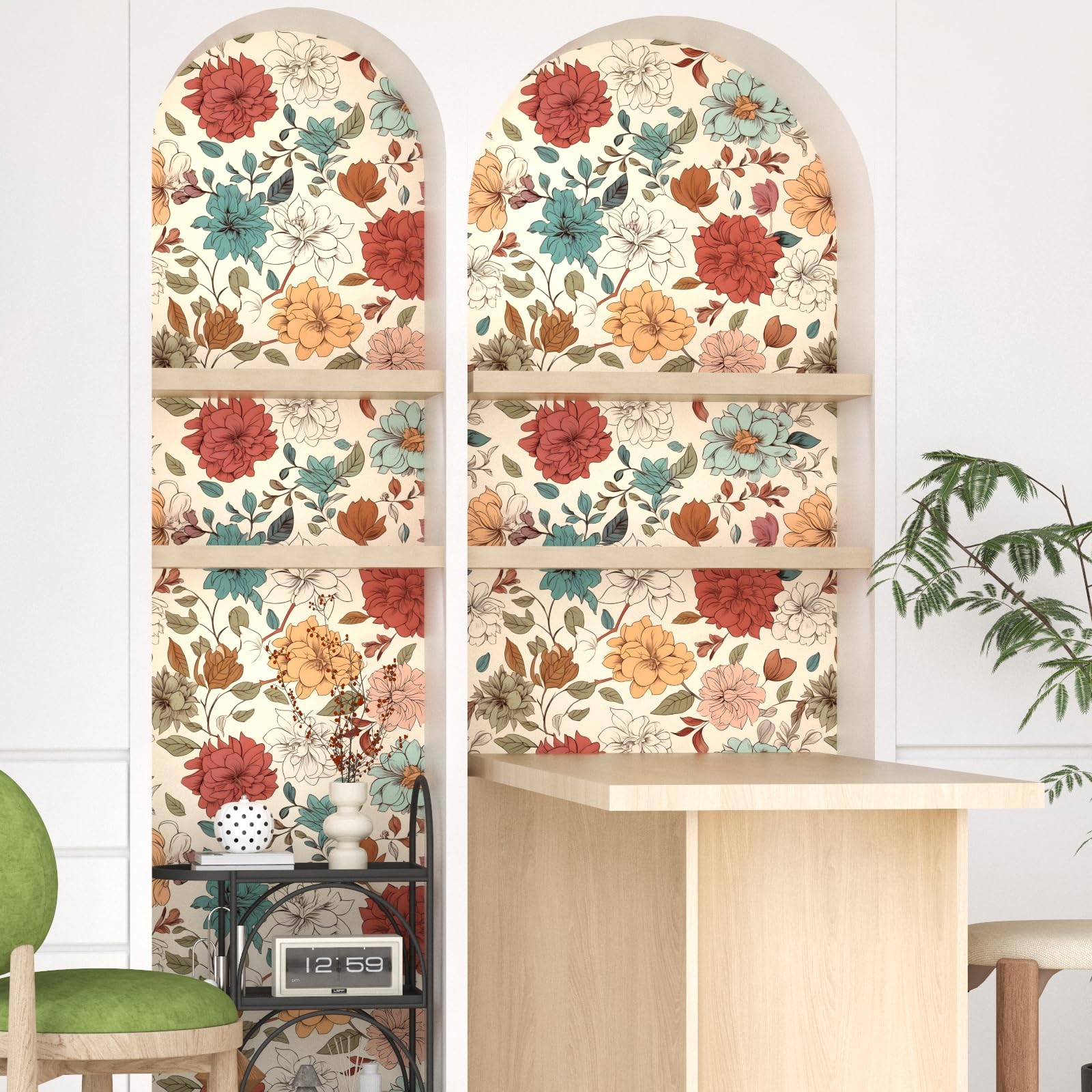 VOLEAAR Yellow Floral Contact Paper Boho Peel and Stick Wallpaper for Tabletop Cabinet Kitchen Living Room Walls Removable Waterproof 44.5CM x 300CM - Image 3