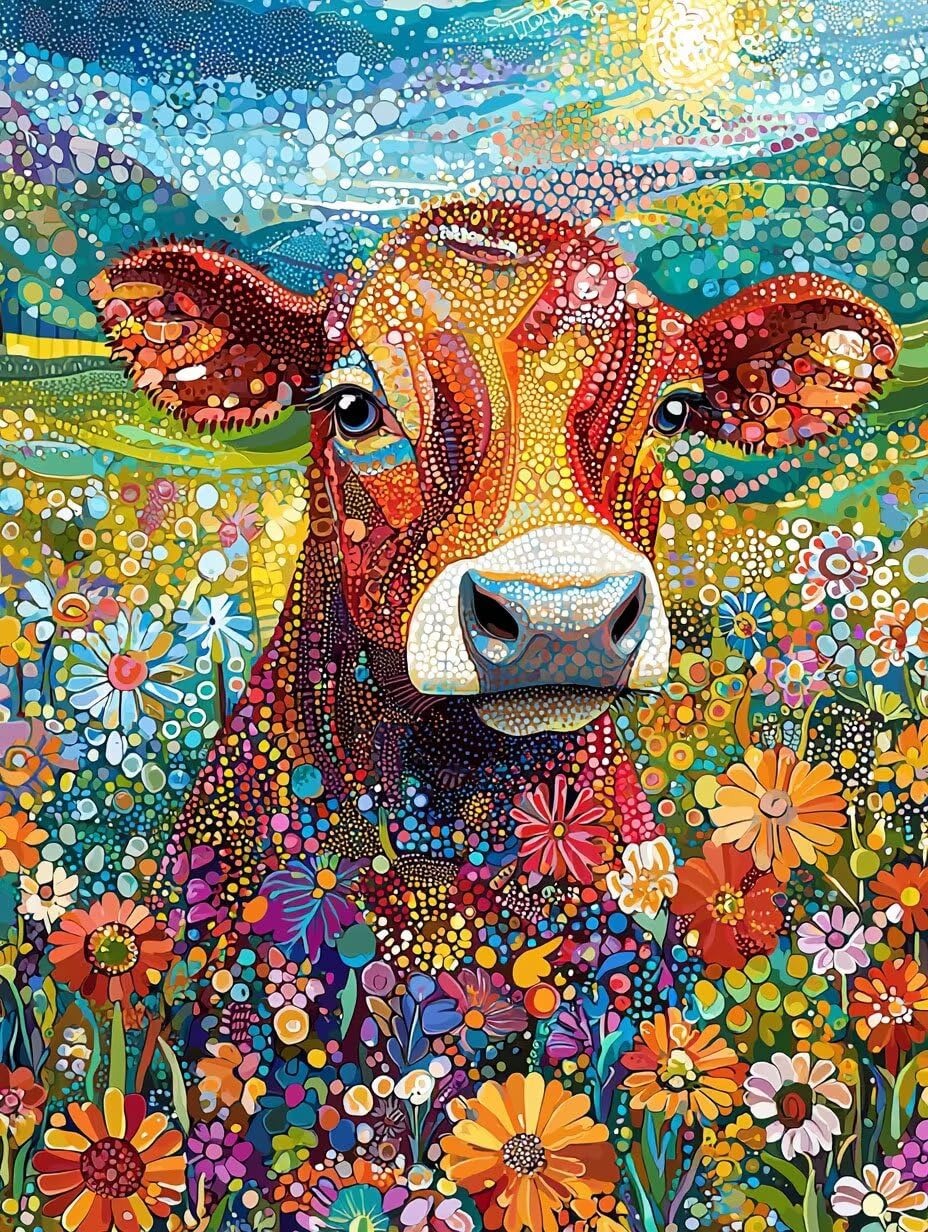 WEISHIWE Malen nach Zahlen Erwachsene Blumen mit Kuh, 70x90cm x-424 | Malen nach Zahlen Erwachsene Leinwand Kit, DIY Handgemalt Ölgemälde Set mit 3-Pinseln und Acrylfarbe für Wanddeko,Ohne Rahmen