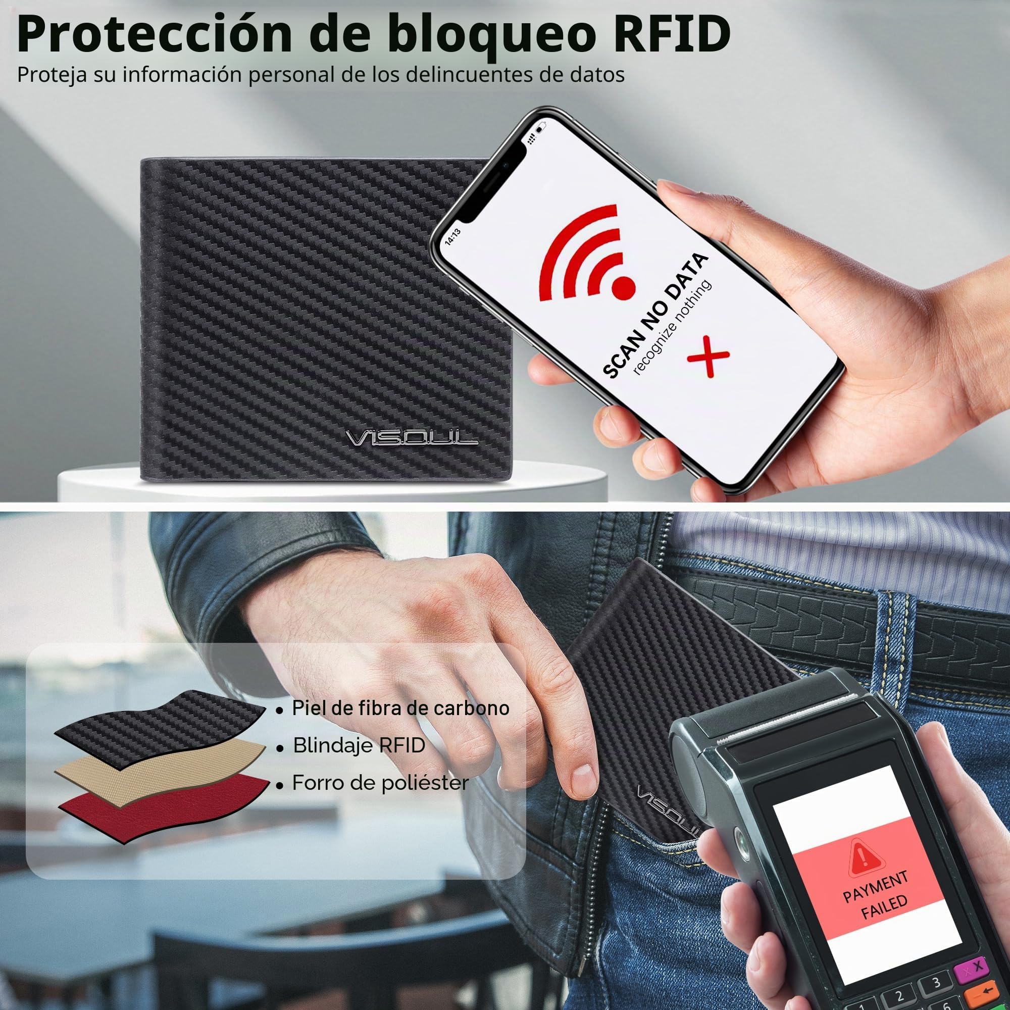 VISOUL Hombre de Fibra de Carbono de Cuero Billeteras Bifold con Bloqueo RFID, Cuero Genuino Cartera con 1 Ventana de ID, 2 Bolsillos para Billetes y 14 Ranuras para Tarjetas(Carbono Negro+Rojo)