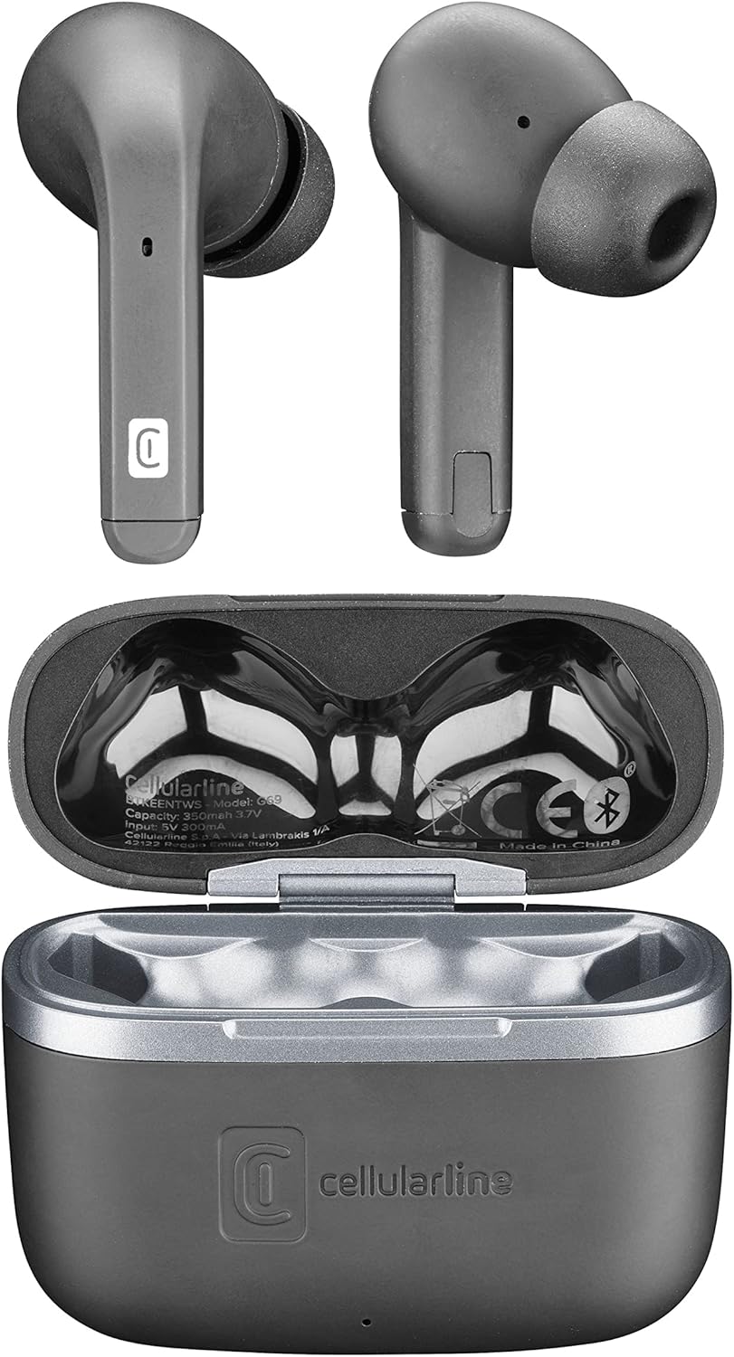 Z góry na dół view słuchawek Cellularline Keen TWS z otwartym etui ładującym, pokazującym szczegóły wnętrza.