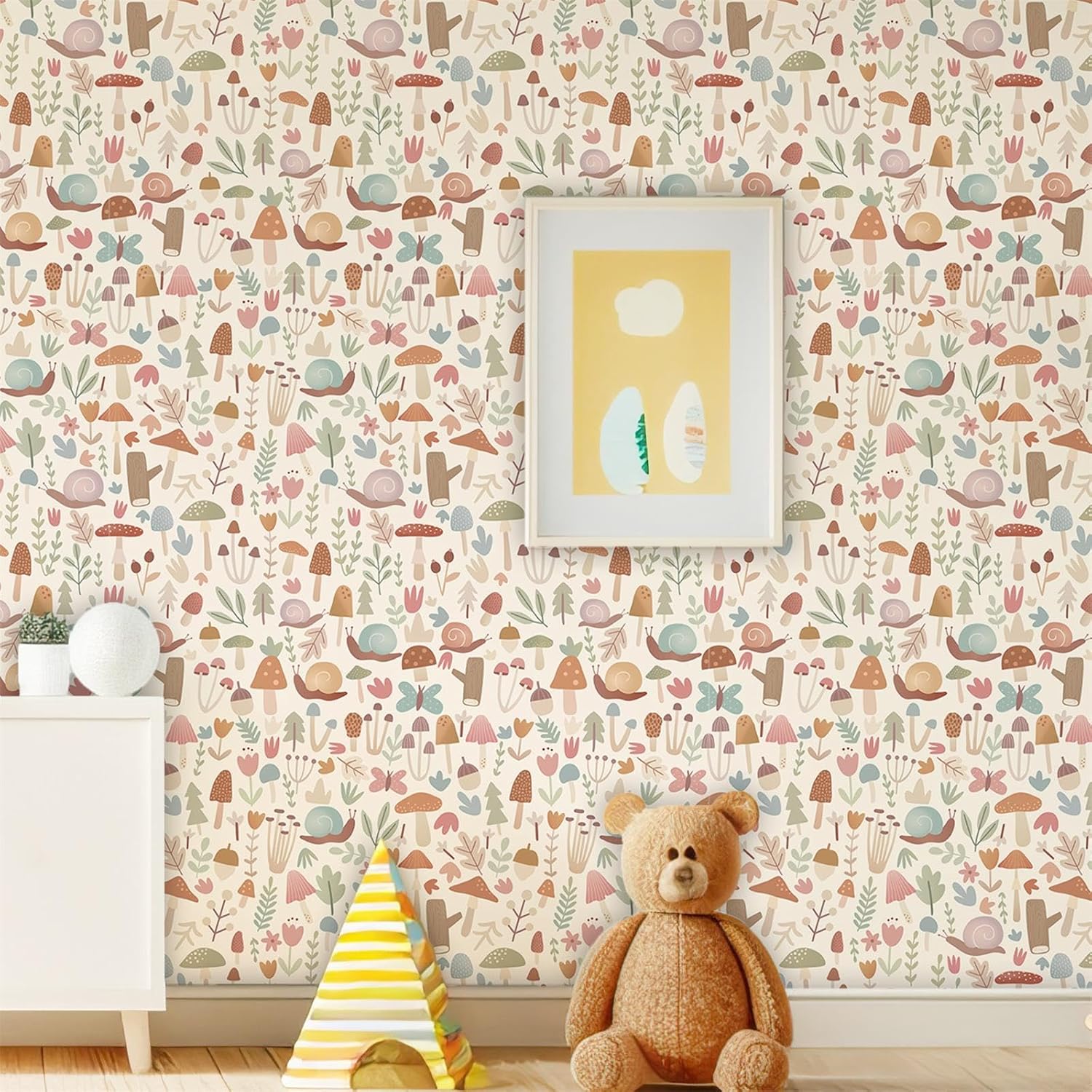 Kazova Woodland Mushroom Wallpaper Boho Nursery Decor Wall Stickers Woodland Mushroom Decals Botanical Mural for Kid Room Bedroom Cabinet （2 Sheets）
