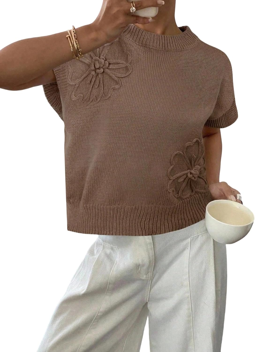 SOLY HUX Womens Short Sleeve Sweater 3D Floral Sweaters Pullover Tank Tops Knit Vest Trendy Fashion Clothing Khaki