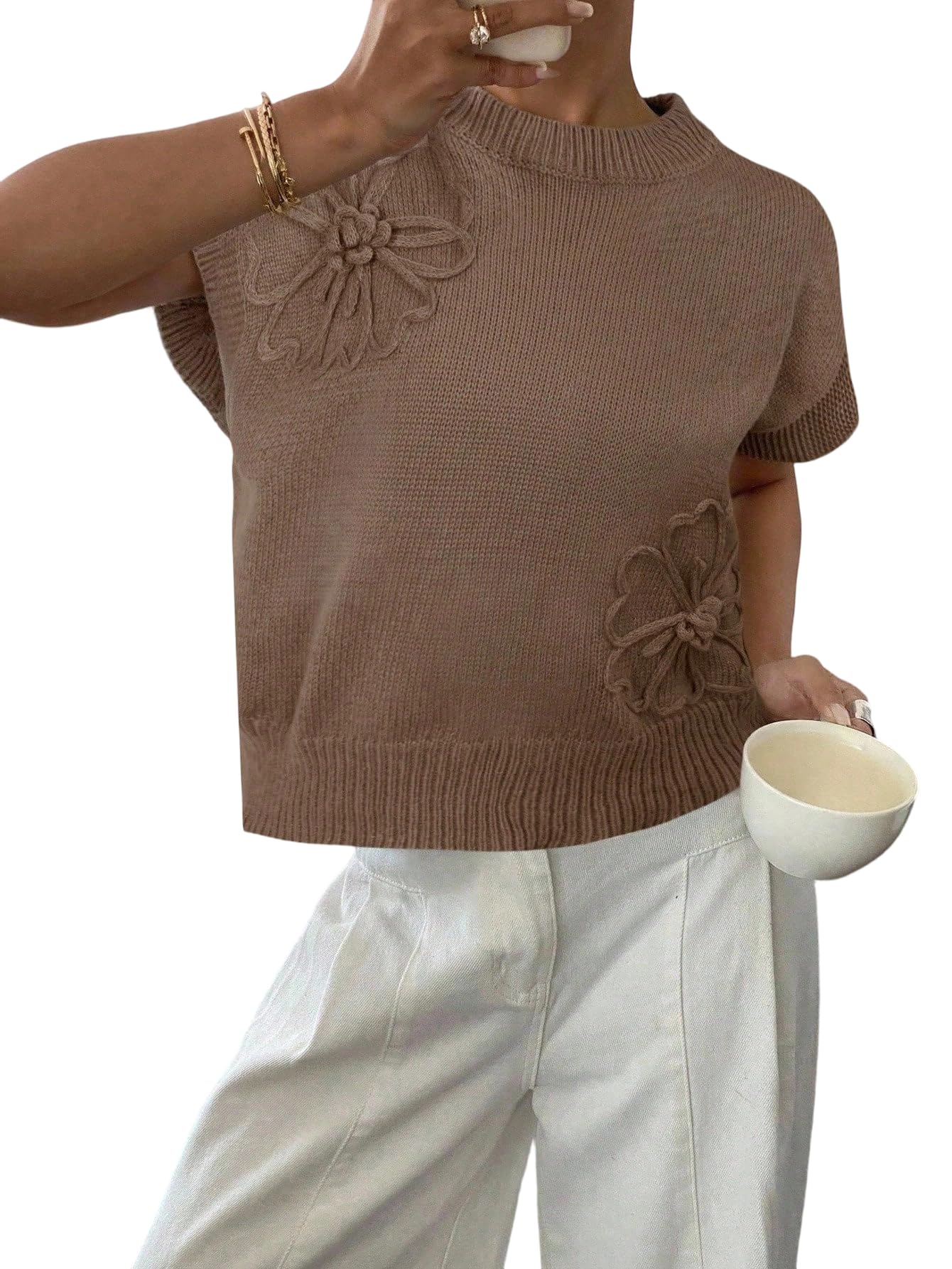 SOLY HUX Womens Short Sleeve Sweater 3D Floral Sweaters Pullover Tank Tops Knit Vest Trendy Fashion Clothing Khaki