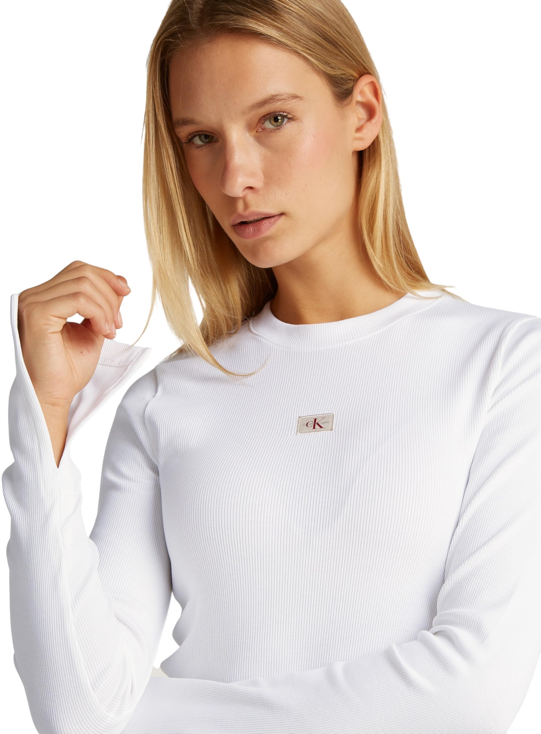Calvin Klein Jeans Damski top z tkaną etykietą Ls, Jasnobiały, 3XL