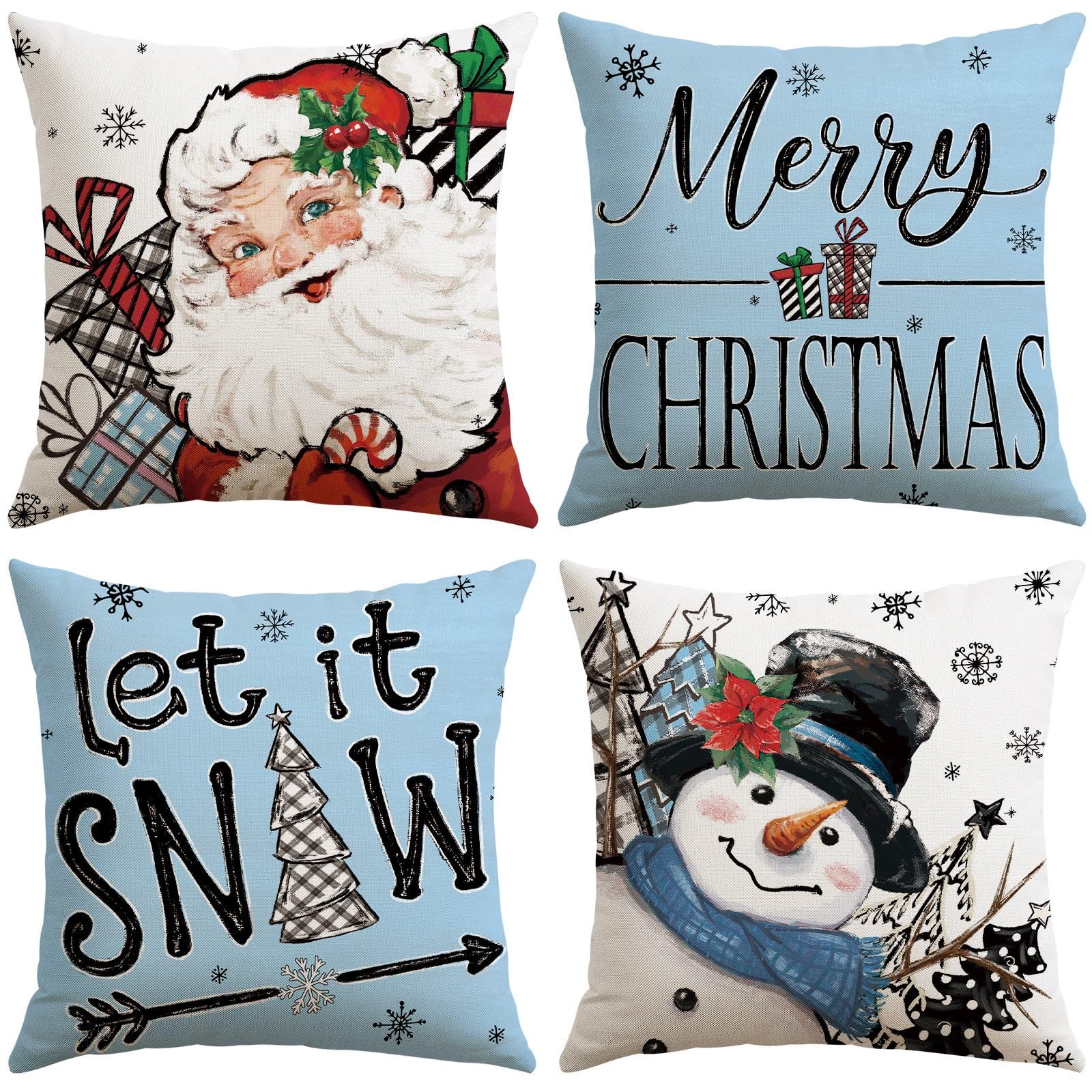 Sungeek Christmas Cushion Covers 40x40 cm Set of 4, Santa Claus Snowman Let it Snow Blue Decorative Pillow Covers Winter Holiday Throw Pillow Cases for Sofa Couch Bedroom Living Room
