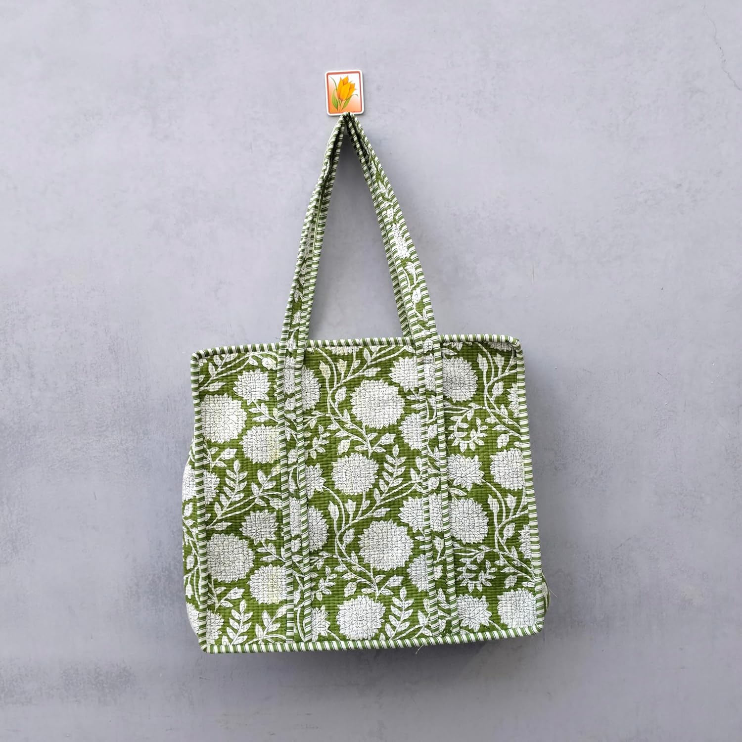 Generic Quilted Cotton Handprinted Block print Reversible Large multicolor Floral Tote Bag (COTTON, GREEN,FLORAL)