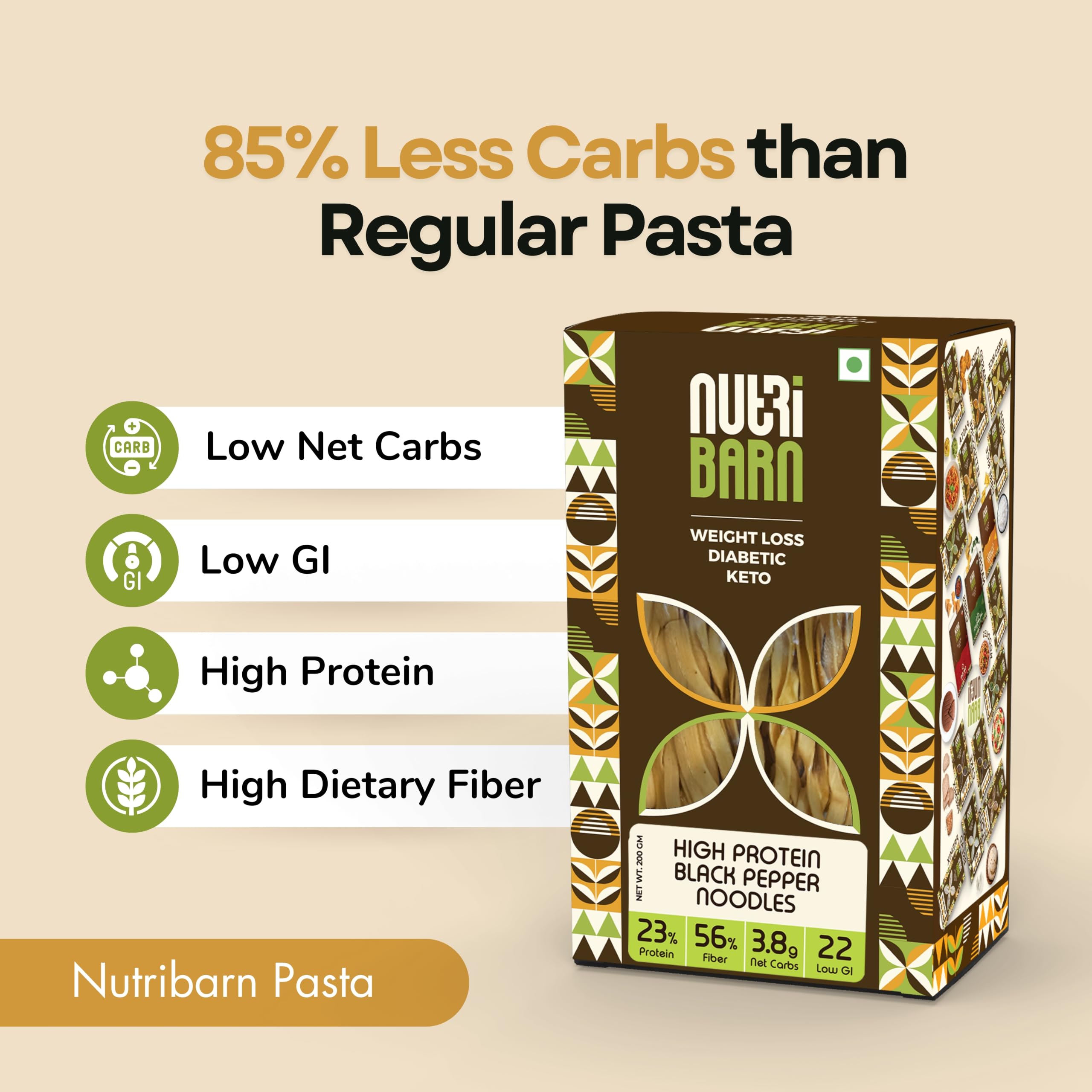 Nutribarn Keto Pepper Fettucine Pasta (Flat noodles), 200 Gms, 1 Pack, 3.5g Net Carb & 16g High Protein/Serv, Identical to Regular Pasta, Ultra Low Carb, Pre-Biotic High Fibre, Keto Diet, Weight Loss 2