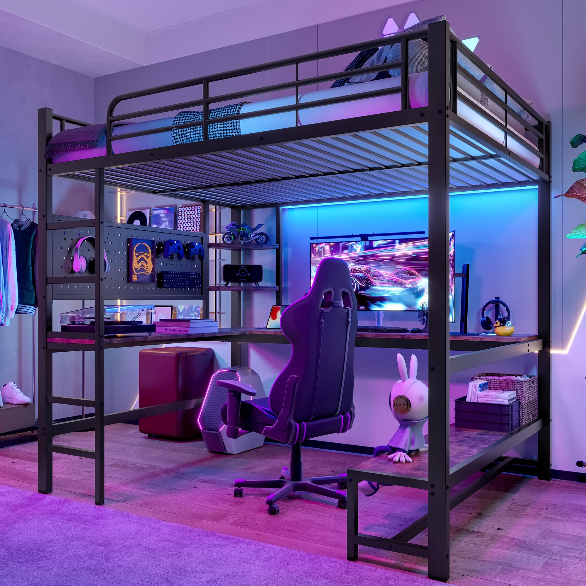 Lit Mezzanine 2 Places 140x200 avec LED et USB C, Lit Enfant en Métal avec Bureau et étagère et Rambarde, Lit Mezzanine Enfant avec Panneau Perforé et Escalier, Lit en Hauteur Structure en Fer, Noir