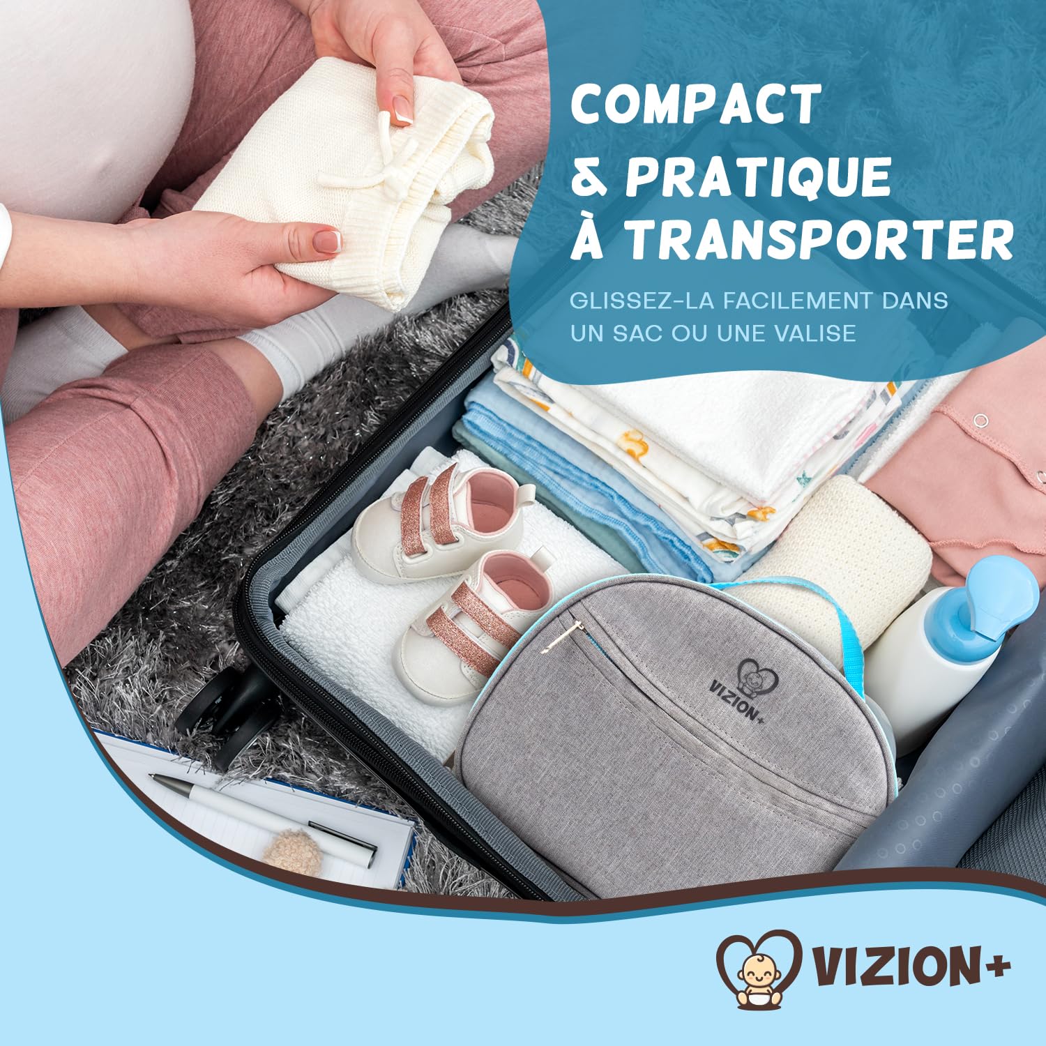 VIZION+ Trousse de Soin bébé – Kit Naissance Complet – 13 Accessoires dont Brosse et Peigne en Bois – Coussinets d’Allaitement en Bambou – Guide Parents Inclus