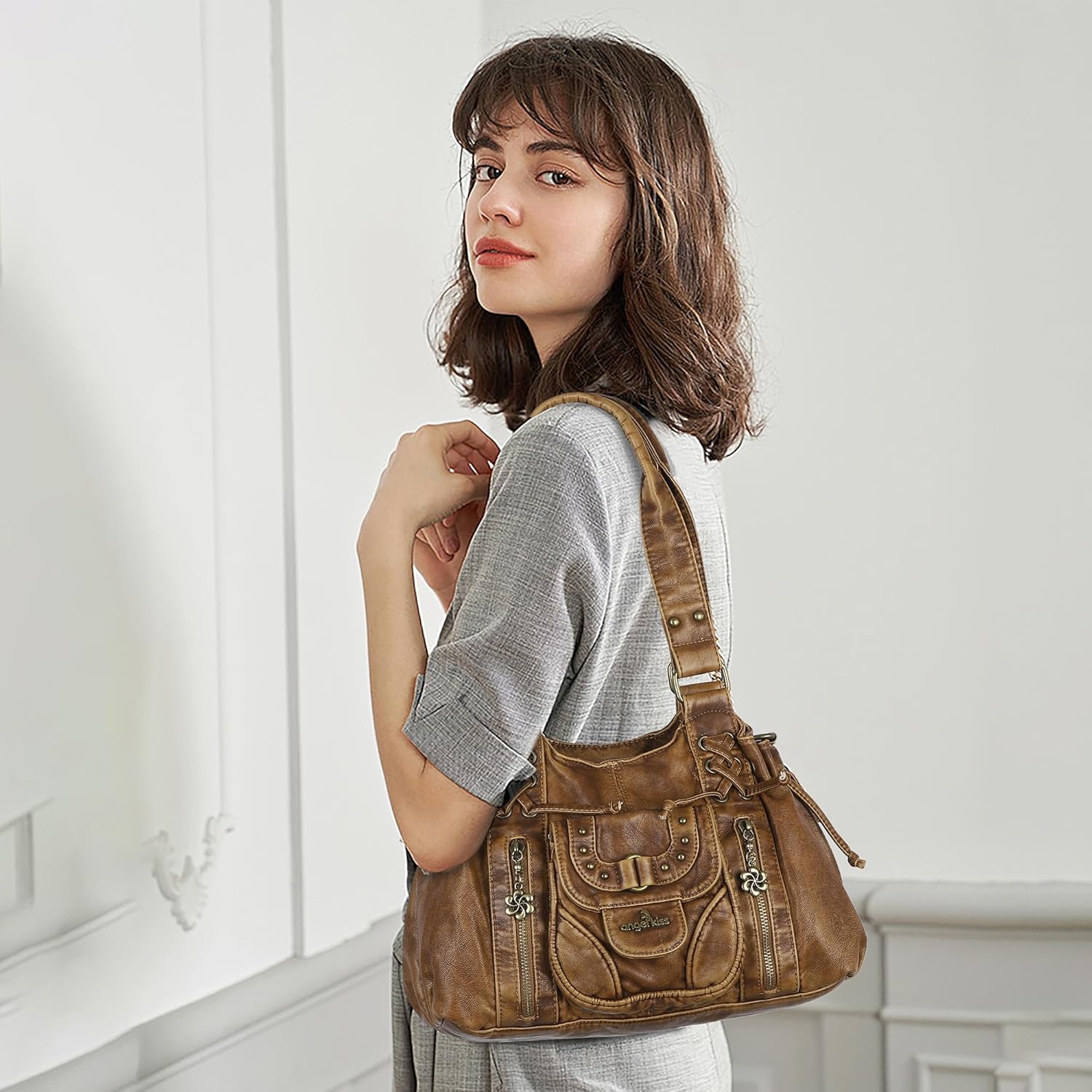 Angel Kiss Small hobo Bags for Women Retro Washed Leather Shoulder Handbag Roomy Top Handles Purses With Removable Strap