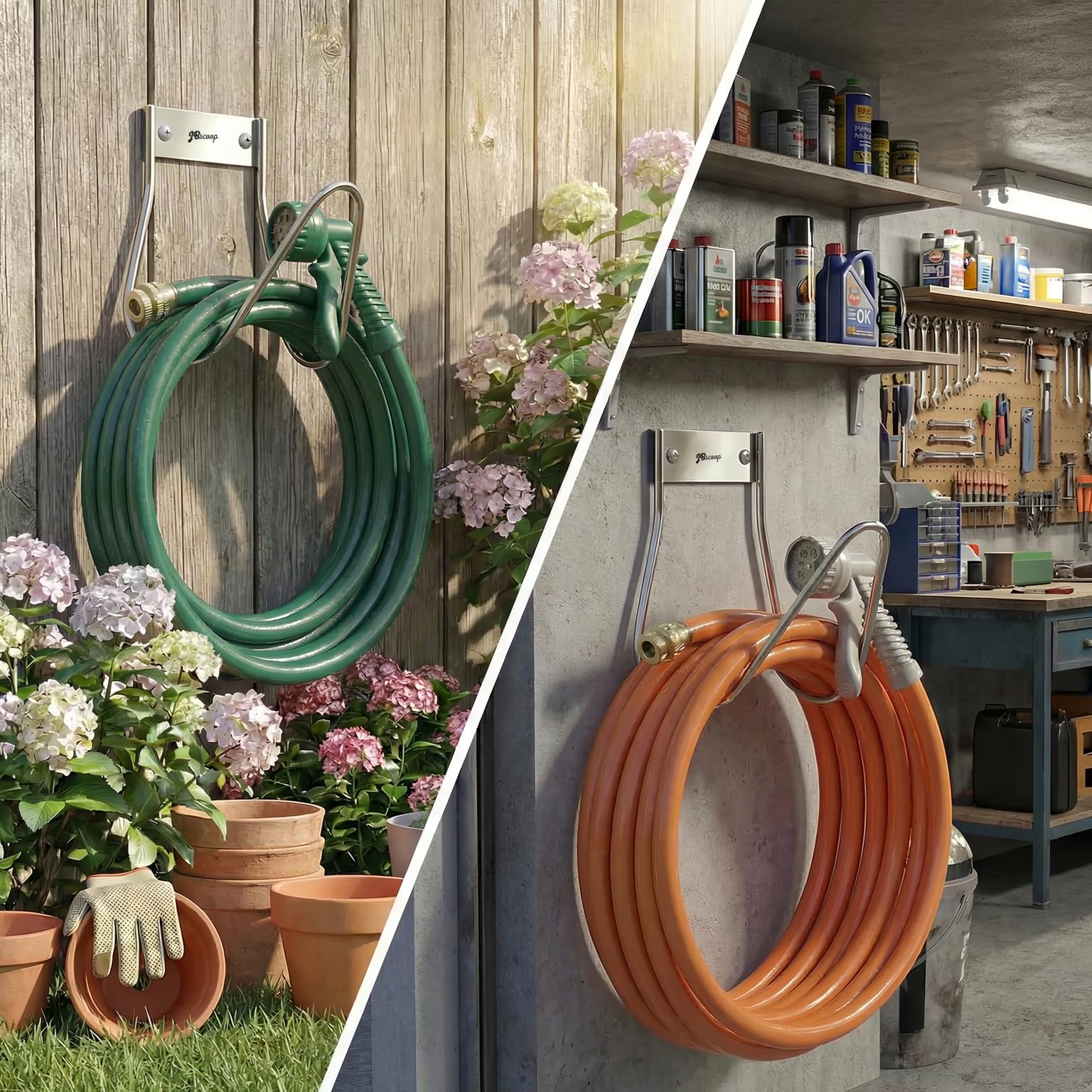 JBscoop Soporte de manguera de jardín de acero inoxidable pequeño para montaje en pared, ideal para agua, aire, manguera hidráulica, cuerdas, cables de extensión, resistente y a prueba de óxido, juego