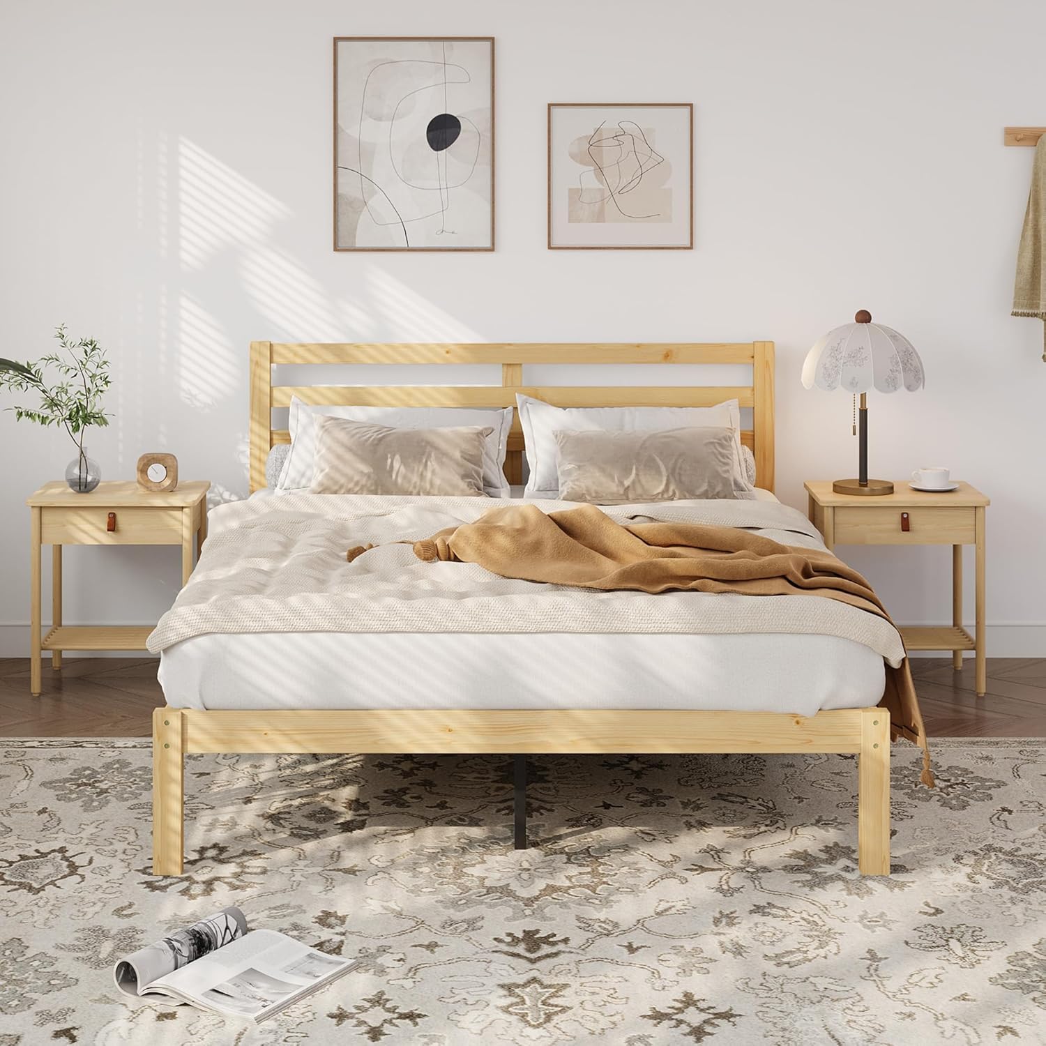 Yumori Wood Queen Bed Frames with Headboard, Solid Wood Platform Bed Frame with Wooden Slat Support, No Box Spring Needed, Easy Assembly, Natural Pine