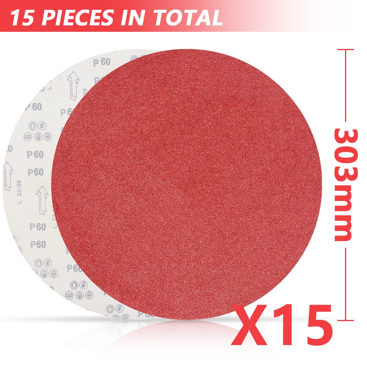FEIHU Disco abrasivo da 300 mm, grana 40 .15 dischi abrasivi rotondi con gancio e anello diametro 300 mm, rosso non poroso, per levigatrici autoadesive a disco