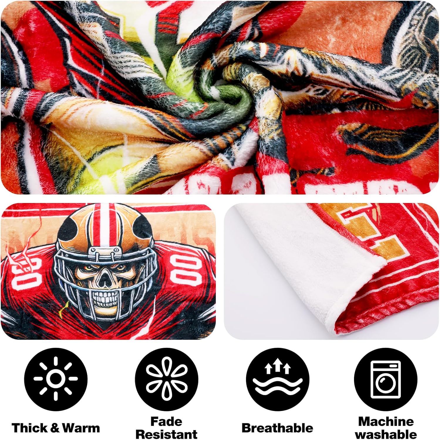 Red Football Throw Blanket, American Rugby Fuzzy Flannel Plush Blanket, Football Lovers Fan Gifts for Men Women Sport Team Game Party Support Sofa Bed Blankets 50'' x 60''