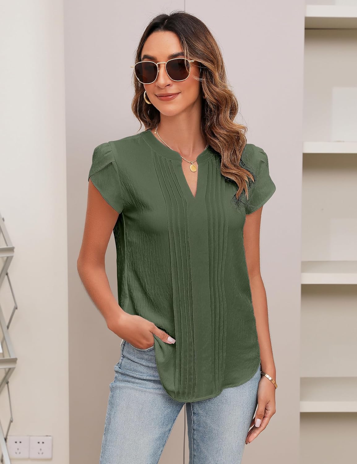 Blooming Jelly Womens Blouses Dressy Causal V Neck Pintuck Short Petal Sleeve Business Tops Ladies Summer Trendy Work Shirt - Image 2